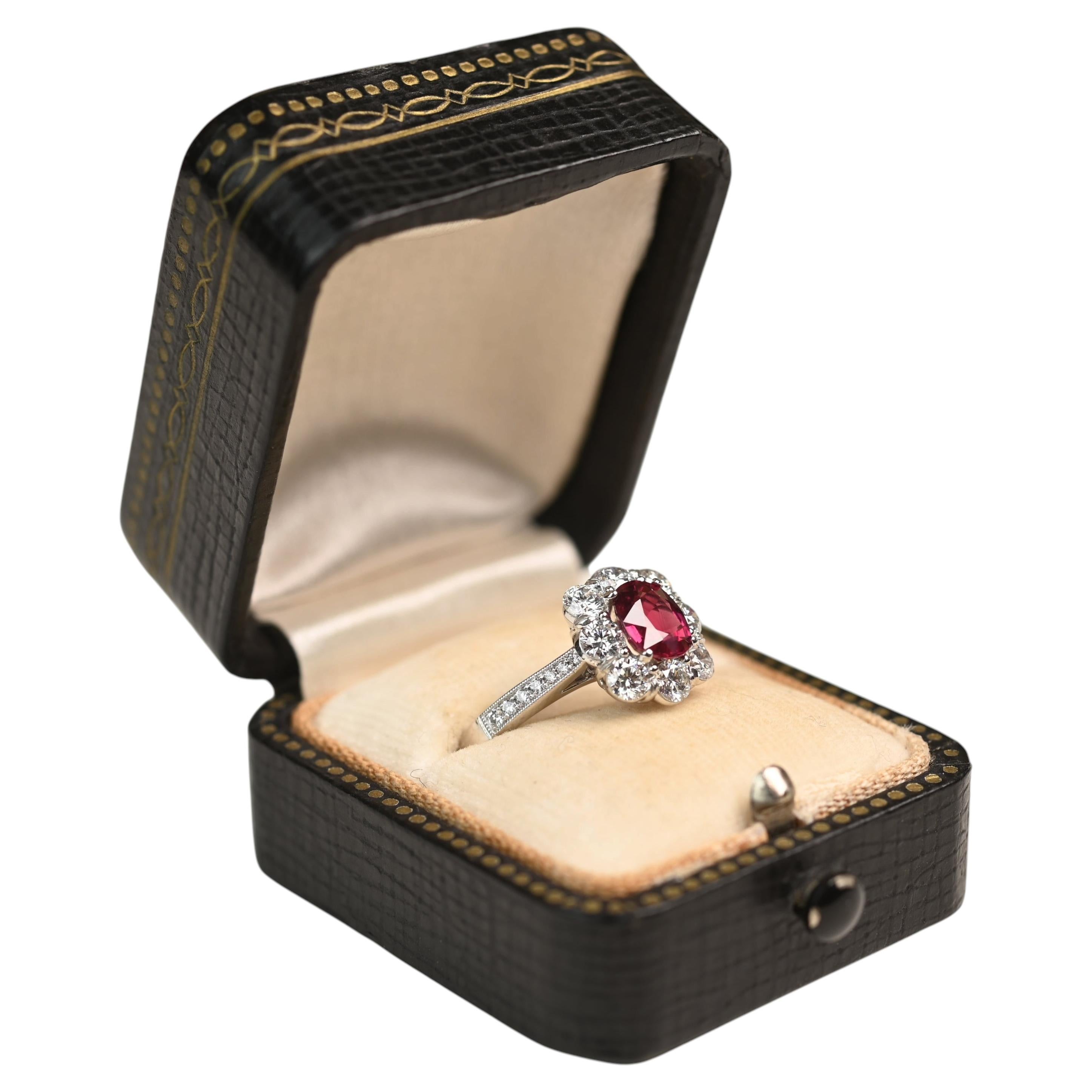 No Heat Ruby Ring. GIA 1ct Ruby Diamond Halo Accent Engagement Ring Platinum
