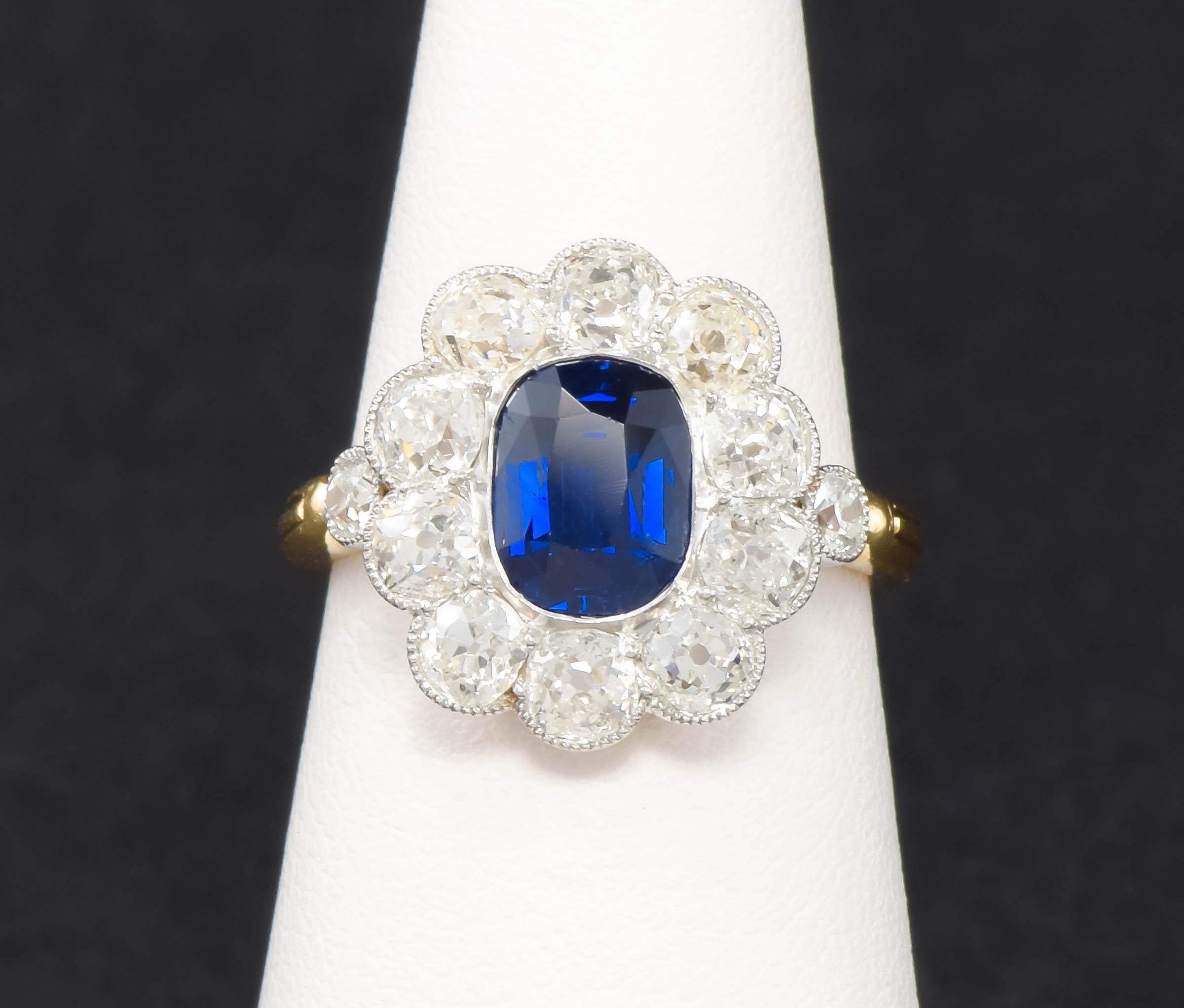 No Heat Sapphire with Old Mine Cut Diamond Halo Cluster Ring - AGL Certified 5