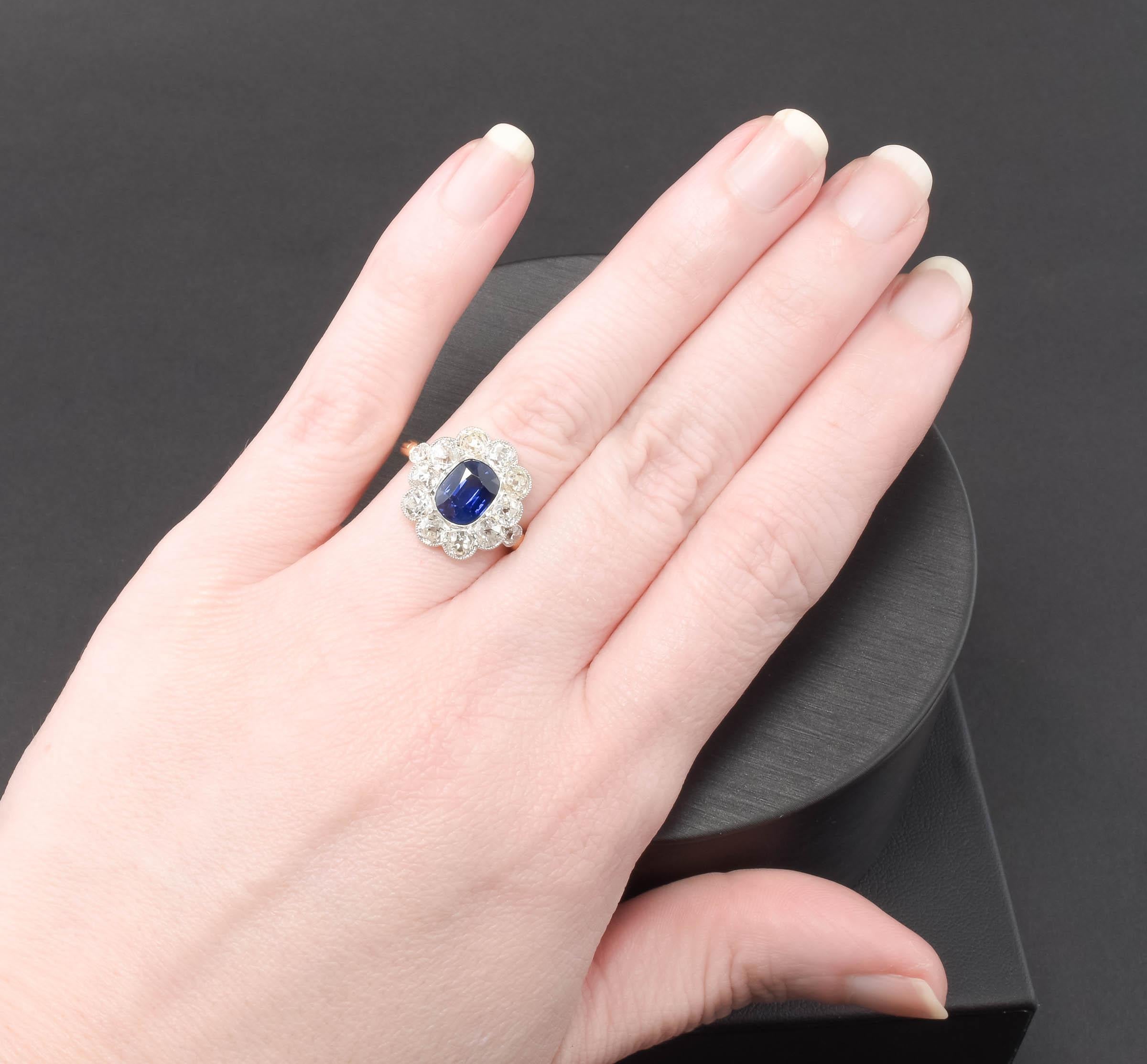 No Heat Sapphire with Old Mine Cut Diamond Halo Cluster Ring - AGL Certified 7
