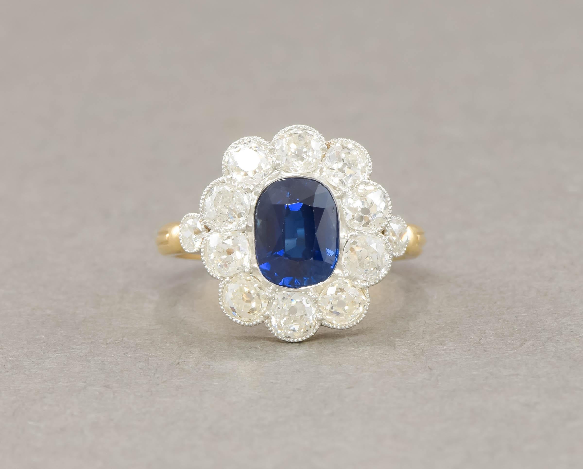 Edwardian No Heat Sapphire with Old Mine Cut Diamond Halo Cluster Ring - AGL Certified
