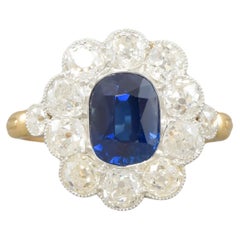 No Heat Sapphire with Old Mine Cut Diamond Halo Cluster Ring - AGL Certified