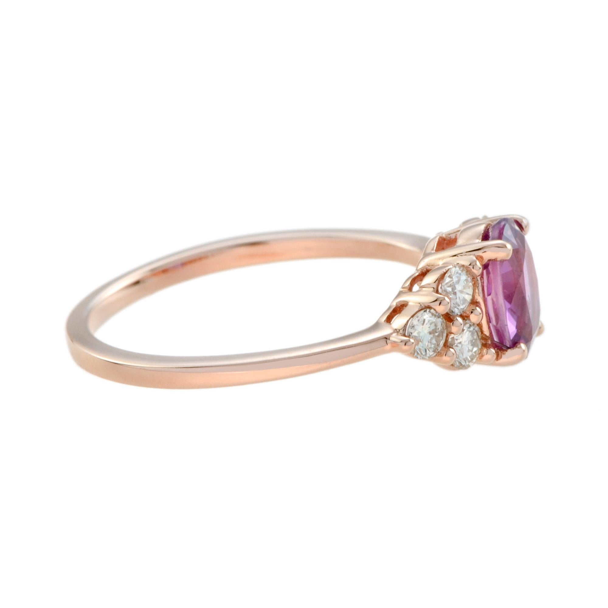 Women's Certified No Heated Pink Sapphire Diamond Vintage Style Ring in 18K Rose Gold For Sale