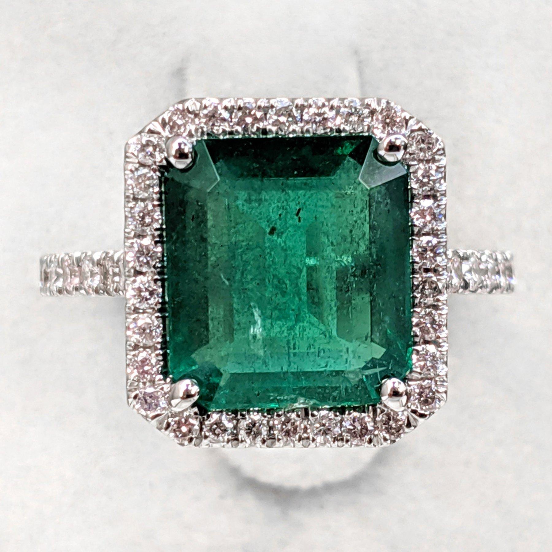 Square Cut NO Oil! 4.83 Carat Emerald & 0.55Ct Pink Diamonds 14 kt. White gold Ring