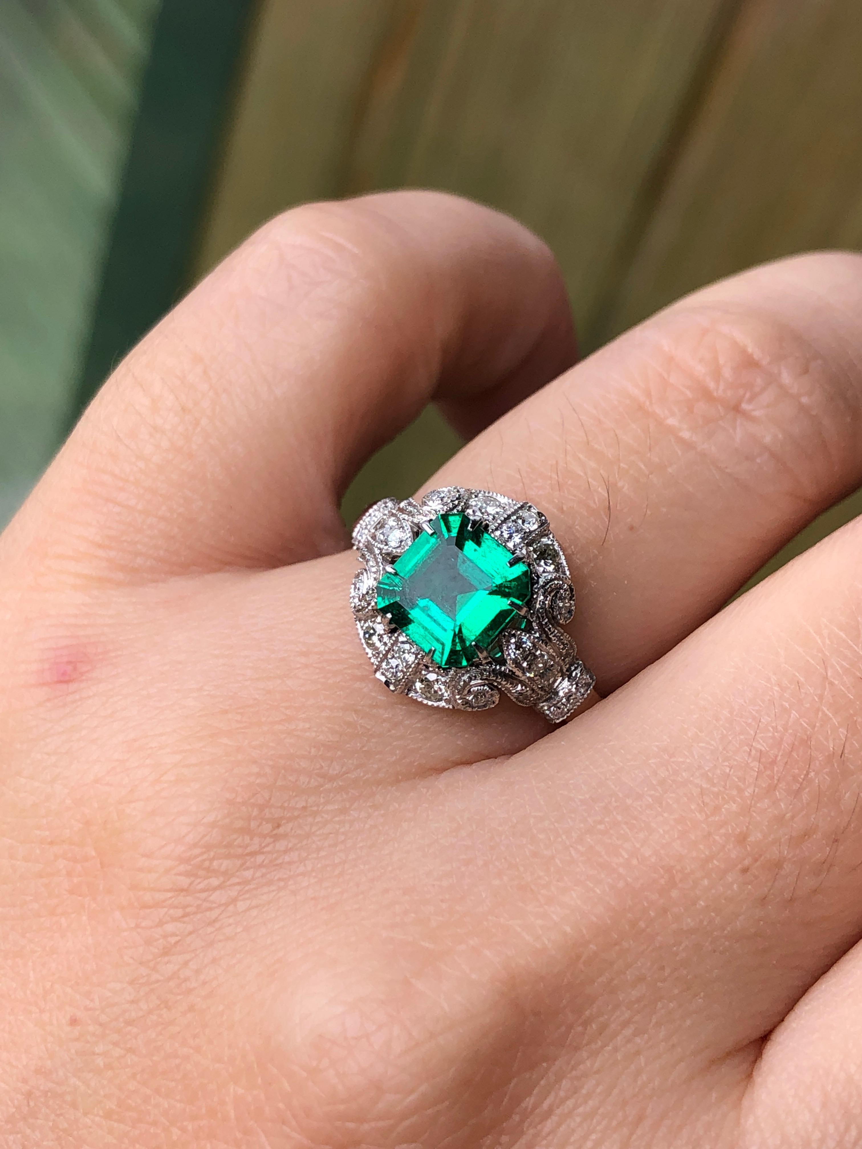 Edwardian No Oil Colombia Emerald Diamond Ring AGL Certification