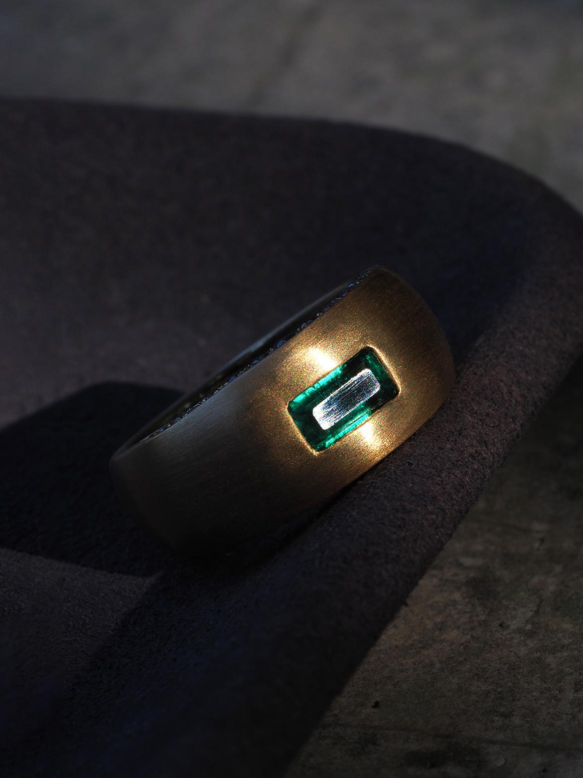 Sin aceite Anillo esmeralda oro amarillo 18K diamantes talla 8.5 regalo aniversario de boda Artesano en venta