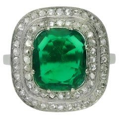 No Oil Natural Colombian Emerald and Diamond Coronet Cluster Ring, circa 1920
