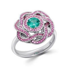 No Oil Round Emerald Floral 18K Gold Ring with Pink Sapphires