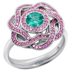 No Oil Round Emerald Floral 18K Gold Ring with Pink Sapphires