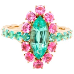 No-Oil Russian Emerald Pink Spinel 18 Karat Yellow Gold Ring