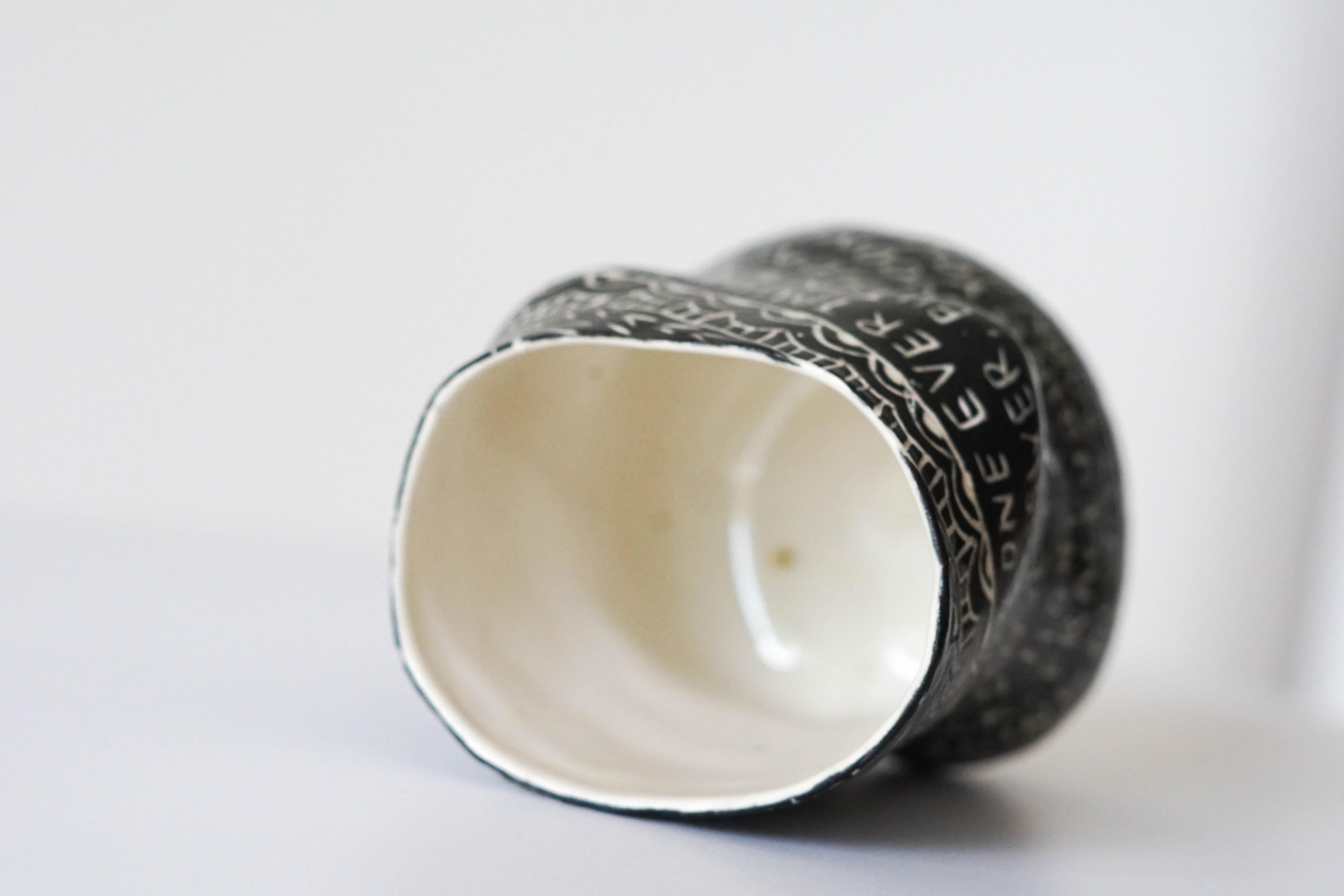 “No one ever taught you...” Porcelain Cup with Sgraffito Detailing 4