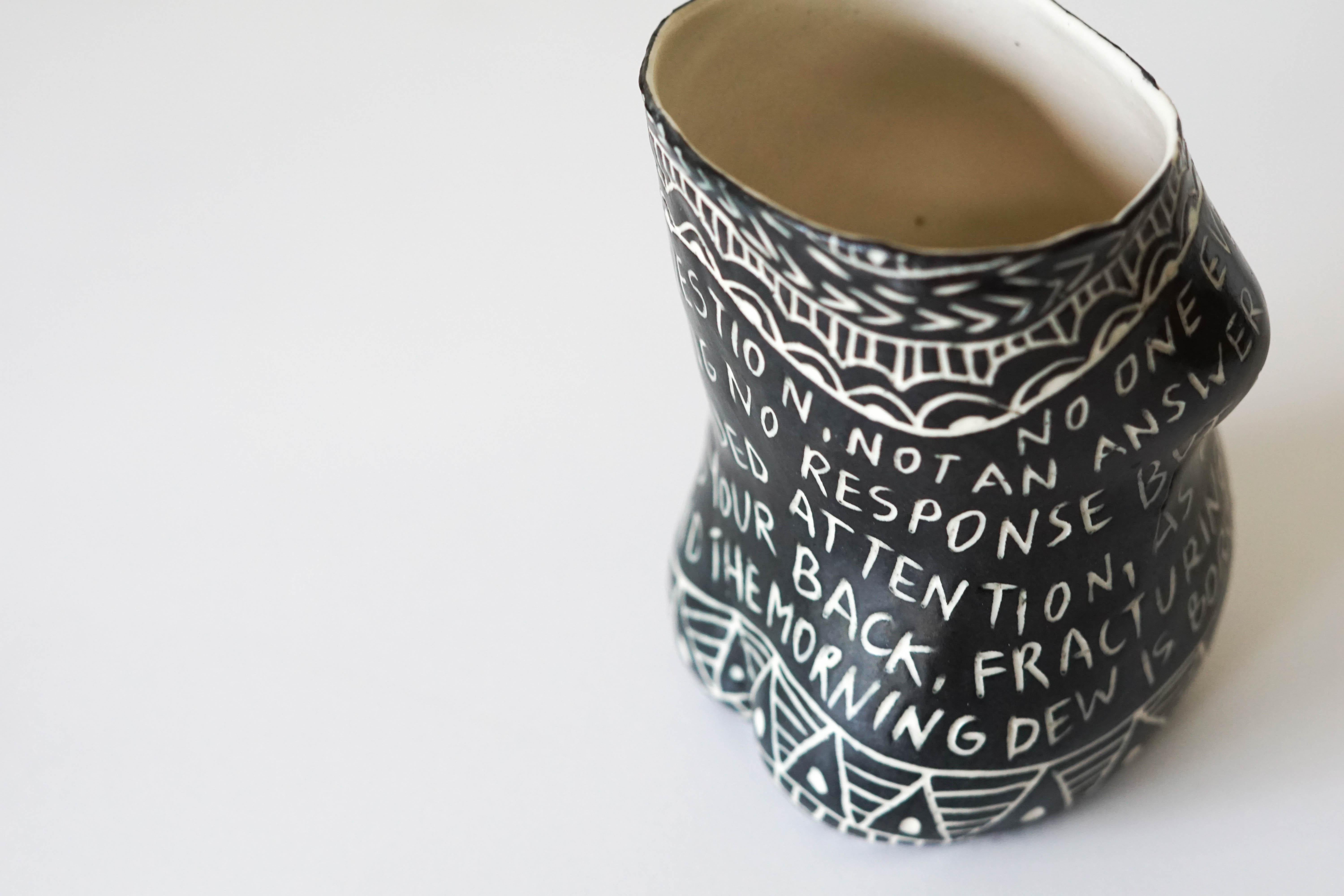 “No one ever taught you...” Porcelain Cup with Sgraffito Detailing 6