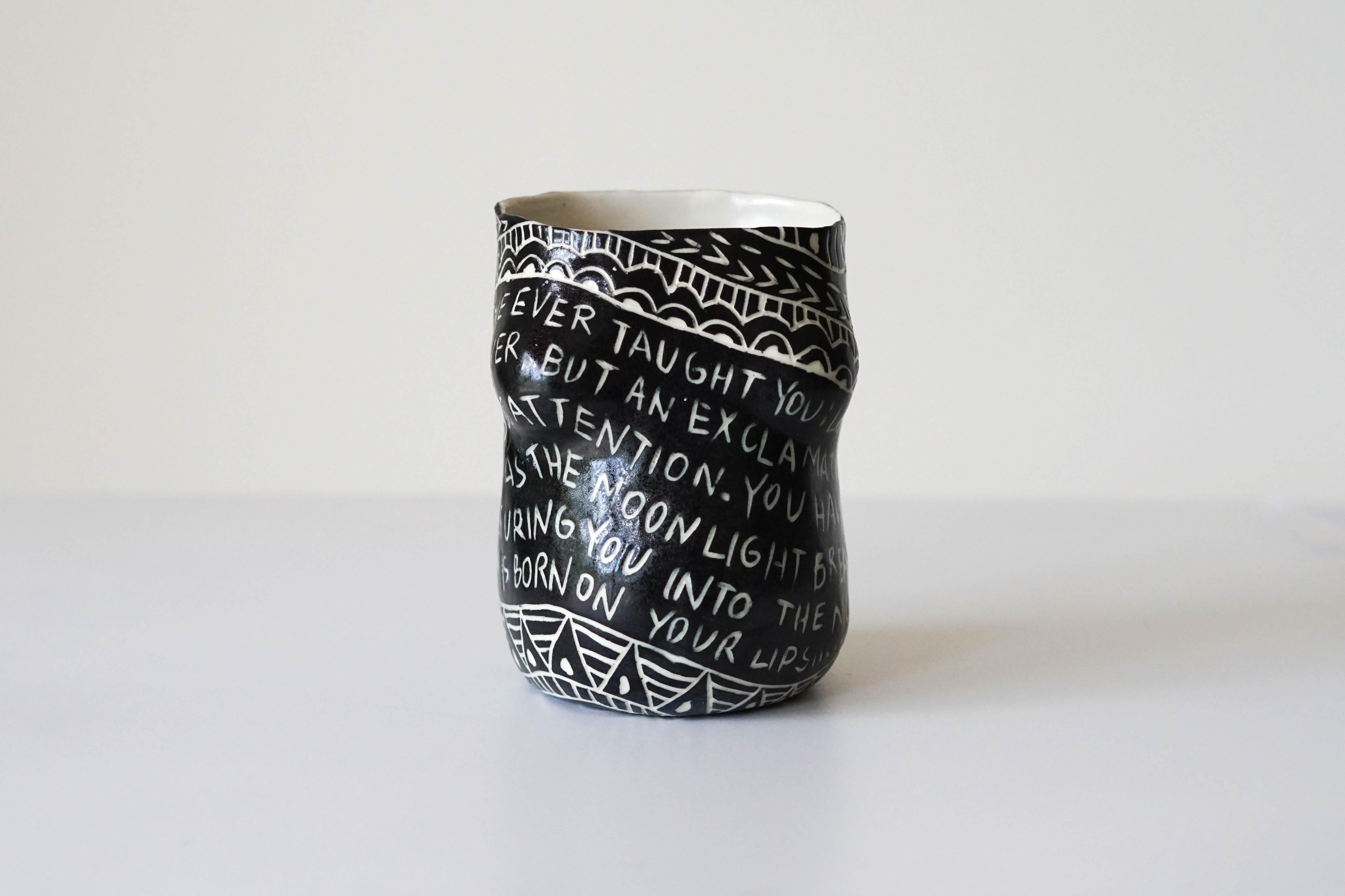 “No one ever taught you...” Porcelain Cup with Sgraffito Detailing 2