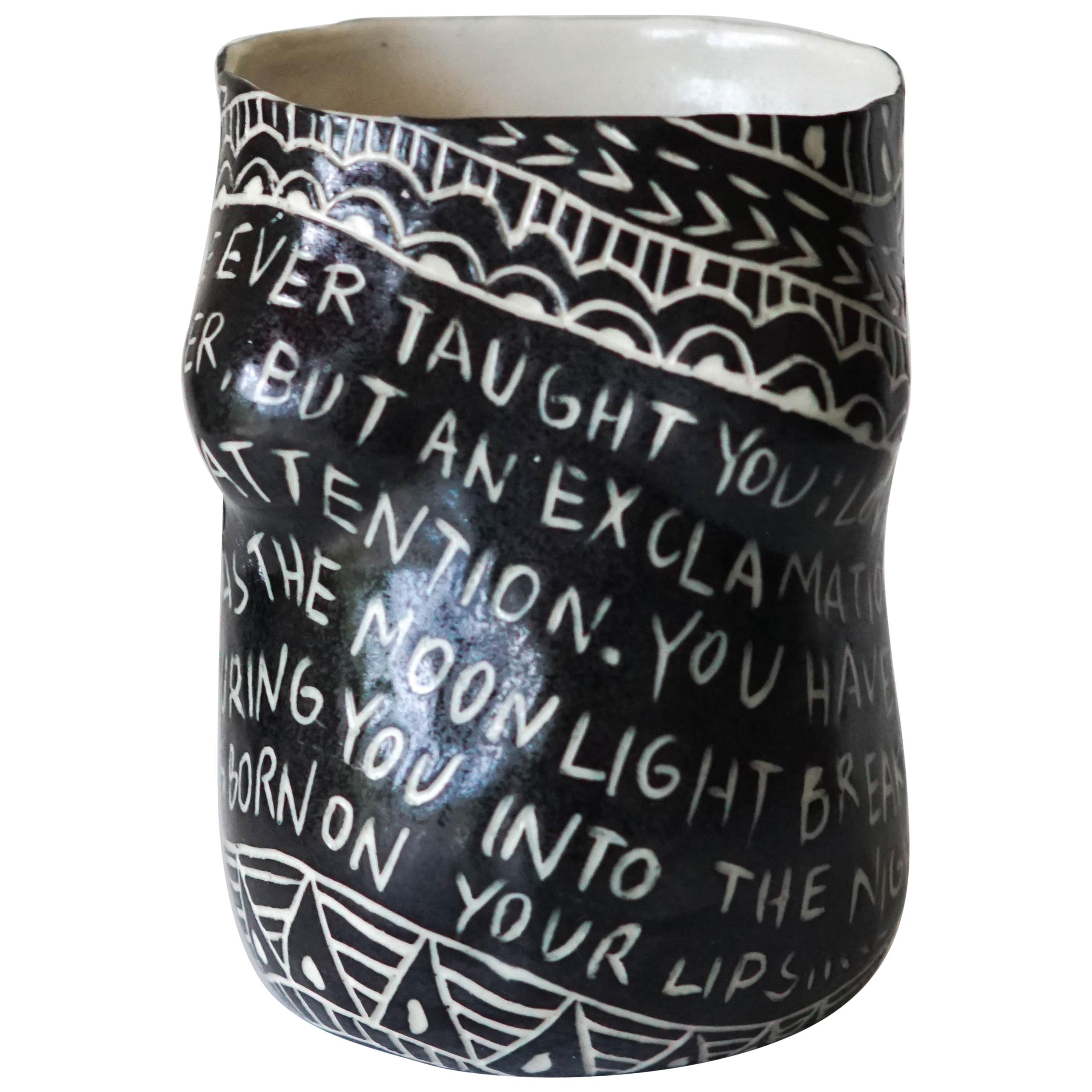 “No one ever taught you...” Porcelain Cup with Sgraffito Detailing
