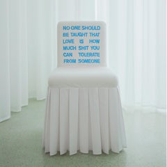 "No-one-should" Hand-Embroidered White and Blue Cotton and Silk Chair