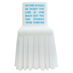 "No-one-should" Hand-Embroidered White and Blue Cotton and Silk Chair