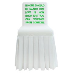 "No-One-Should" Hand-Embroidered White and Green Cotton and Silk Chair