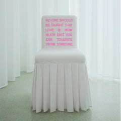 "No-one-should" Hand-Embroidered White and Pink Cotton and Silk Chair