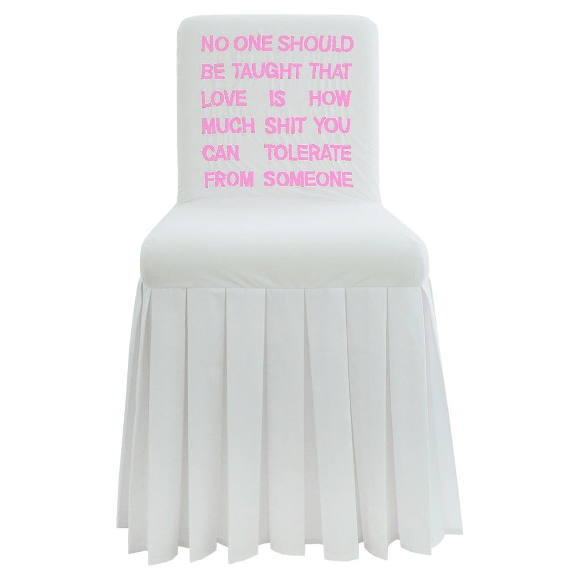 "No-one-should" Hand-Embroidered White and Pink Cotton and Silk Chair For Sale