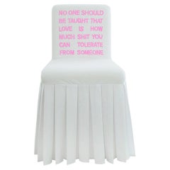"No-one-should" Hand-Embroidered White and Pink Cotton and Silk Chair