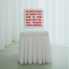 "No-One-Should" Hand-Embroidered White and Red Cotton and Silk Chair