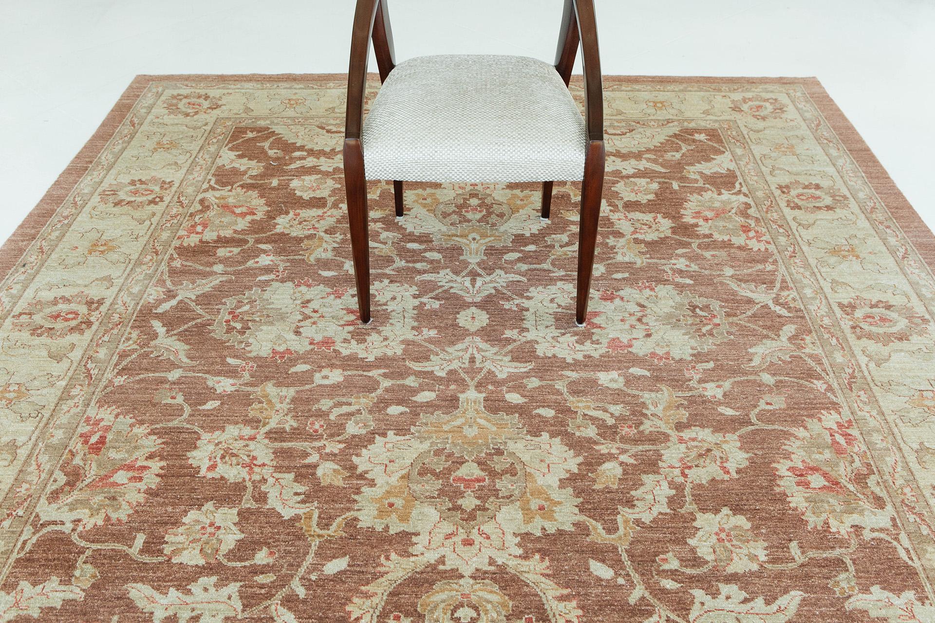 One of the finest collections from Traditional Re-creation, that has a distinctive and complete pattern of Sultanabad rugs. The deep rose-red color has a compact variety of attractive burgundy foliage. The pile weave texture of the rug gives a plush