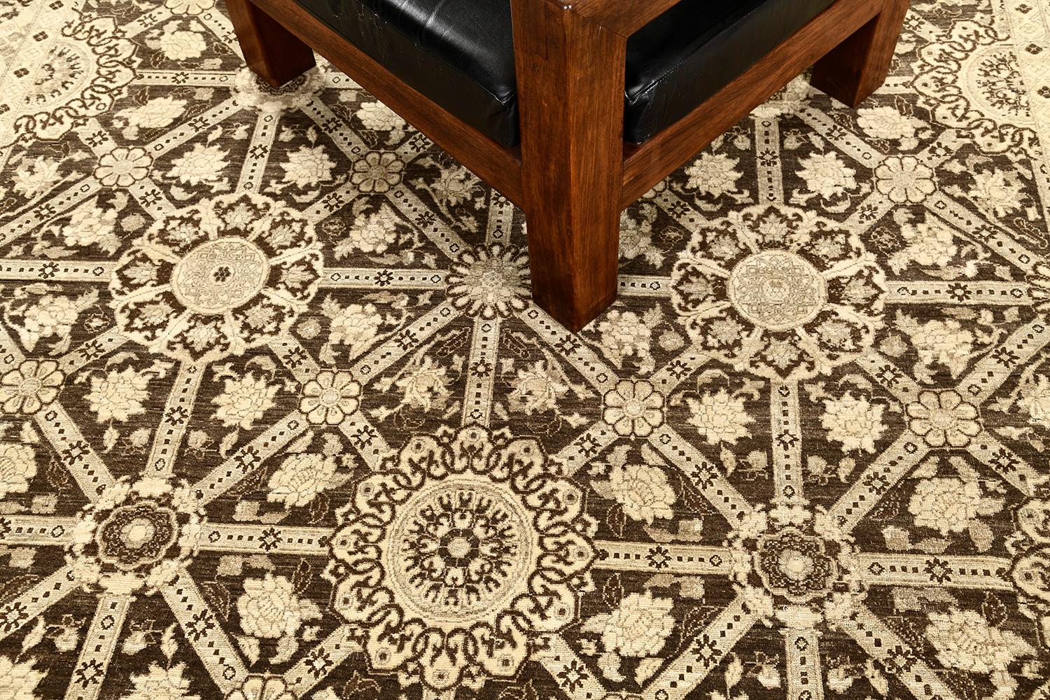 A magnificent and elegant revival rug from our Rapture collection. Natural dyed hand spun wools work together to create a series of allover rosette motifs interconnected together over the spring vibe field and enclosed with circular botanical