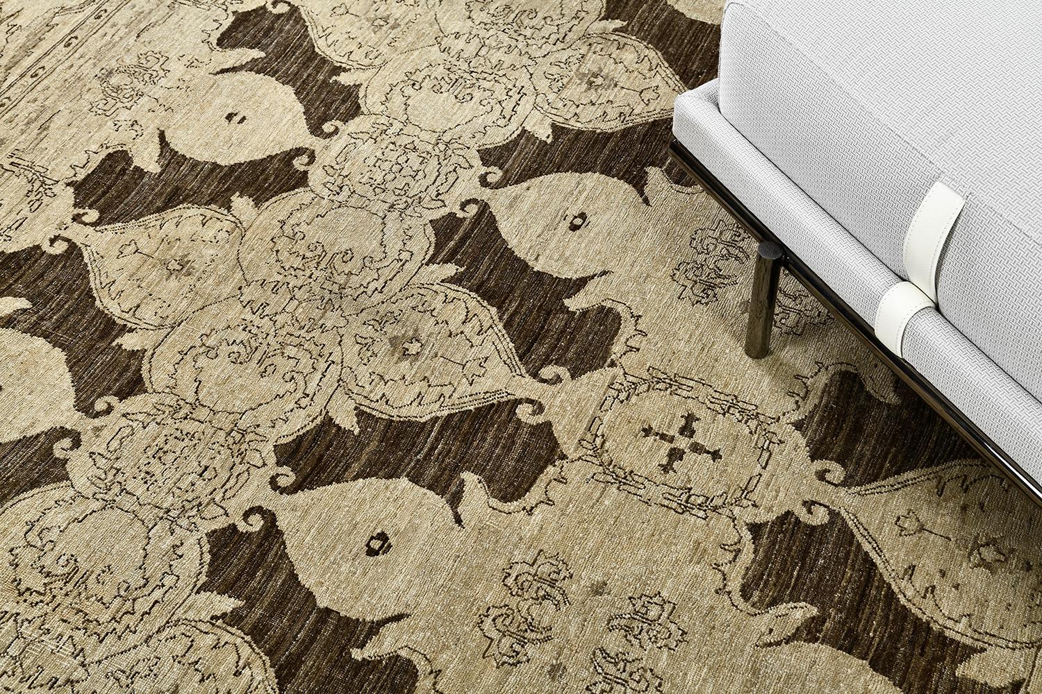 Known for the captivating floral design of this Vintage Style Arts and Crafts Design revival creation, this rug that was gracefully made from high quality hand spun wool that features all over botanical pattern composed of blooming palmettes, curved