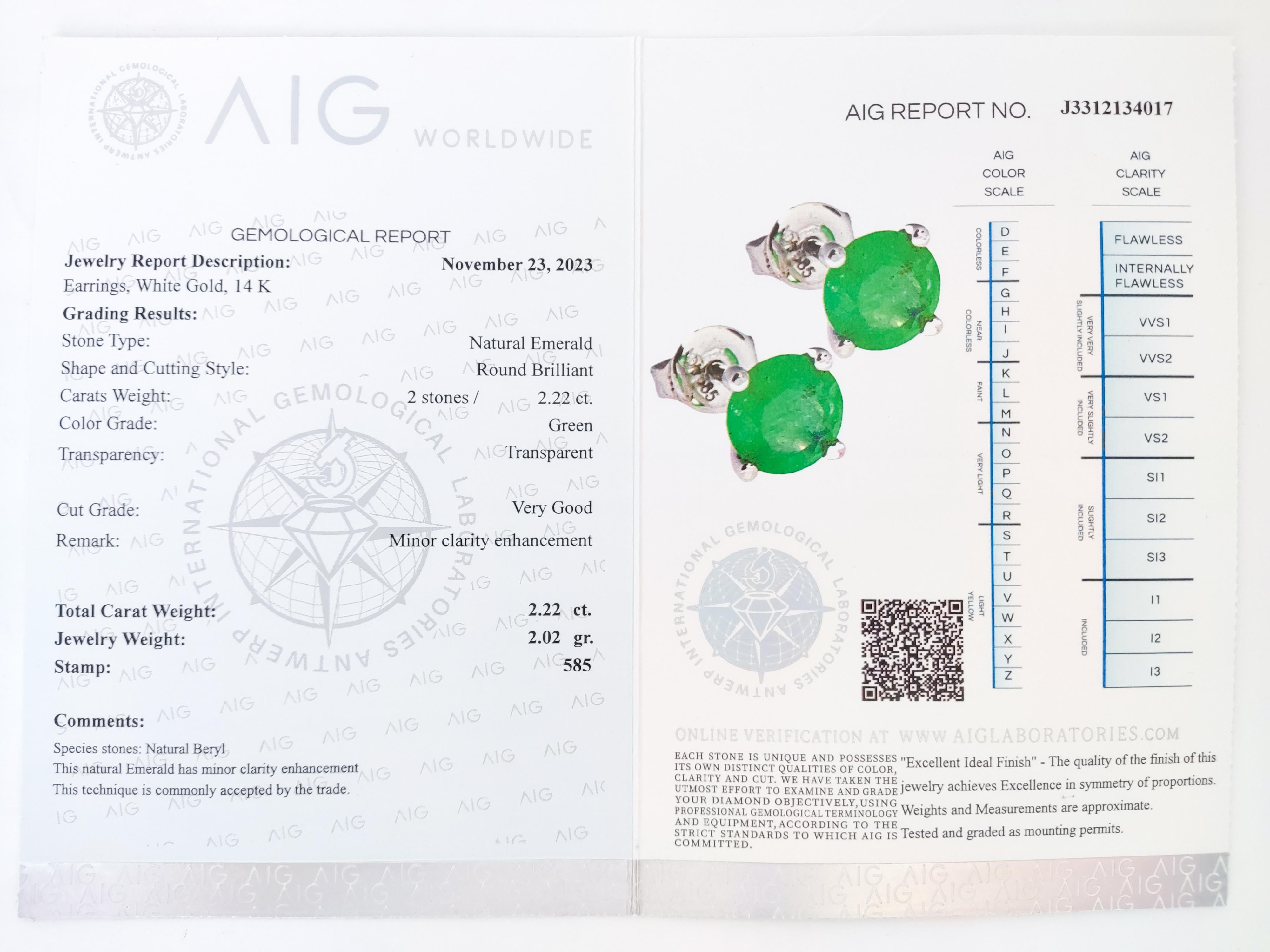 Women's or Men's 2.22ct Emerald Stud Earrings 14k White Gold
