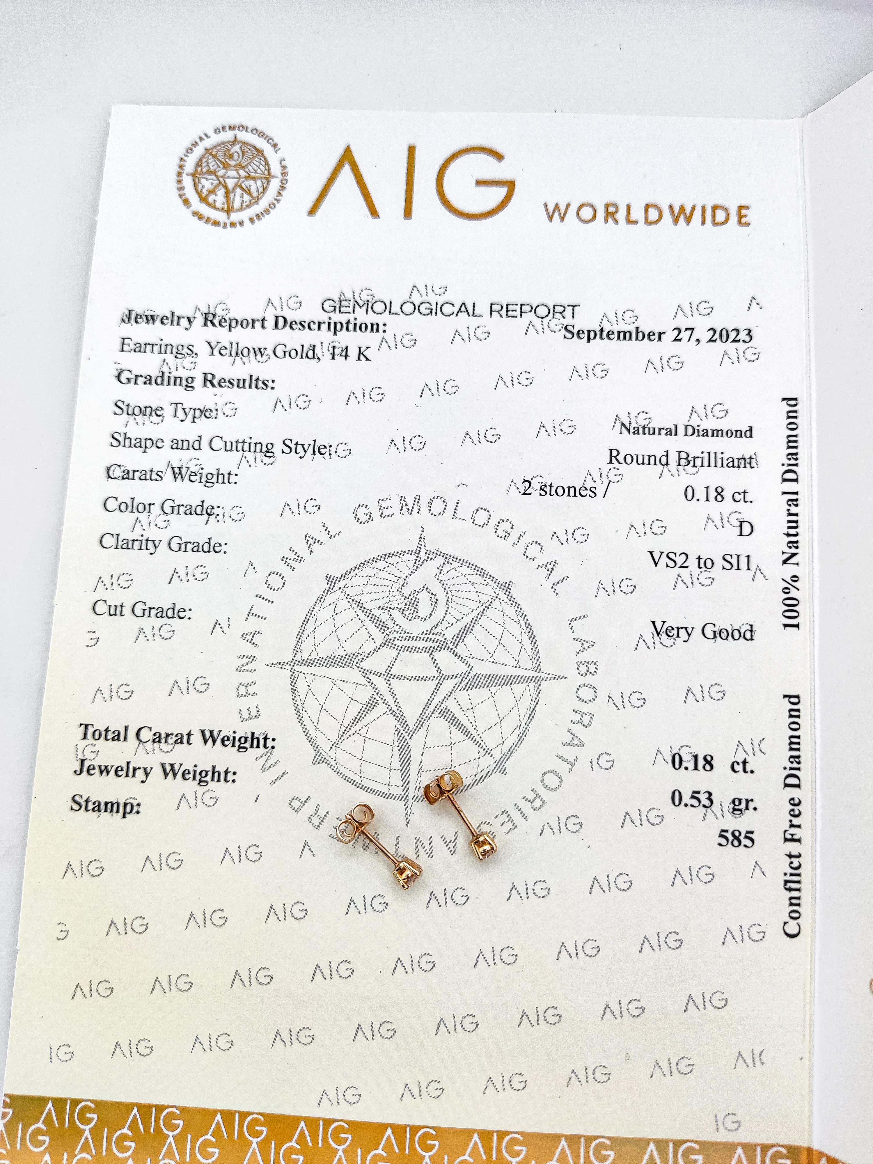 *NO RESERVE* 0.18CT Round Diamond Solitaire Stud Earring 14k Yellow Gold  For Sale 1