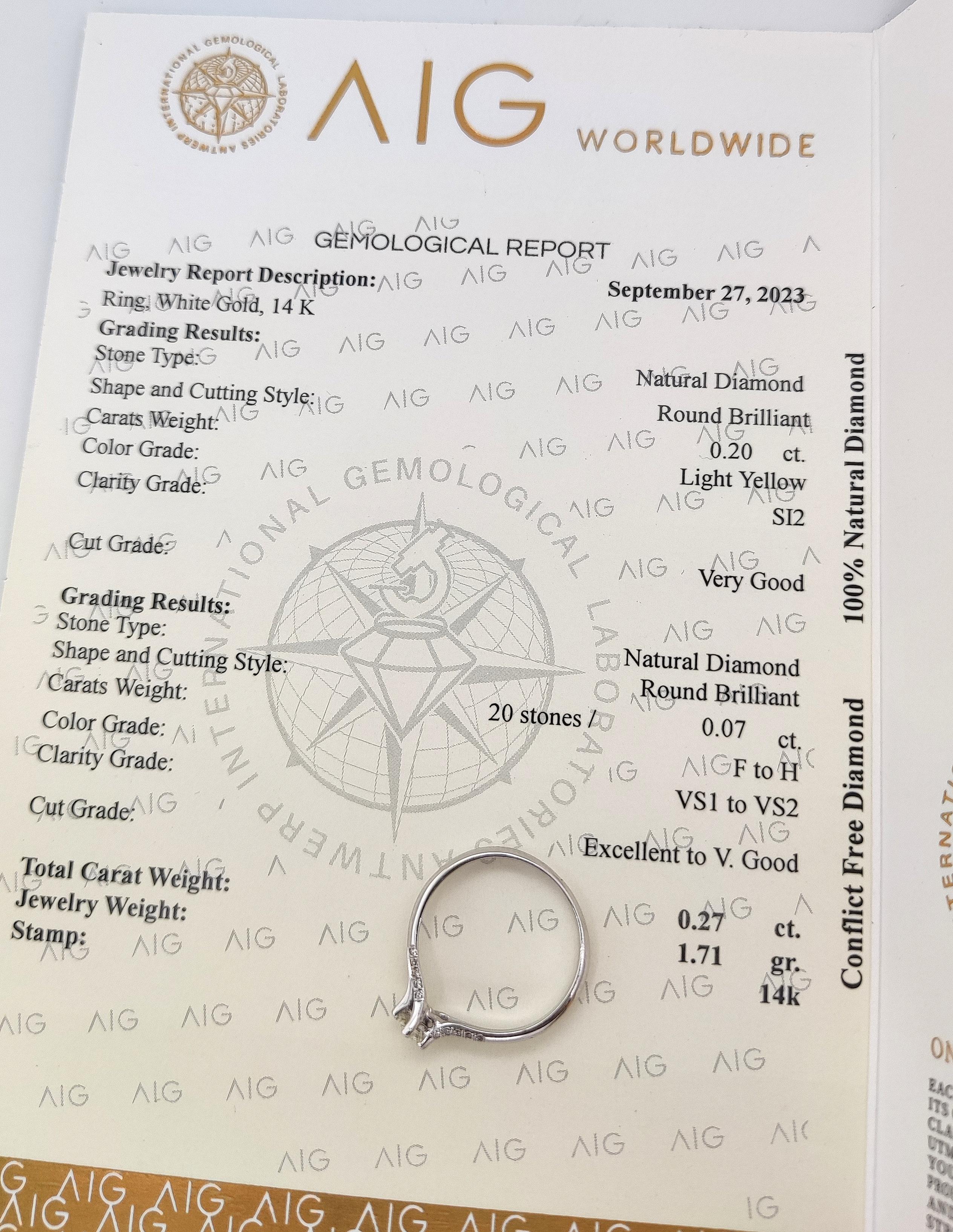 NO RESERVE 0.20CT Light Yellow and 0.07 White Diamond 14K White Gold Ring In New Condition For Sale In Ramat Gan, IL