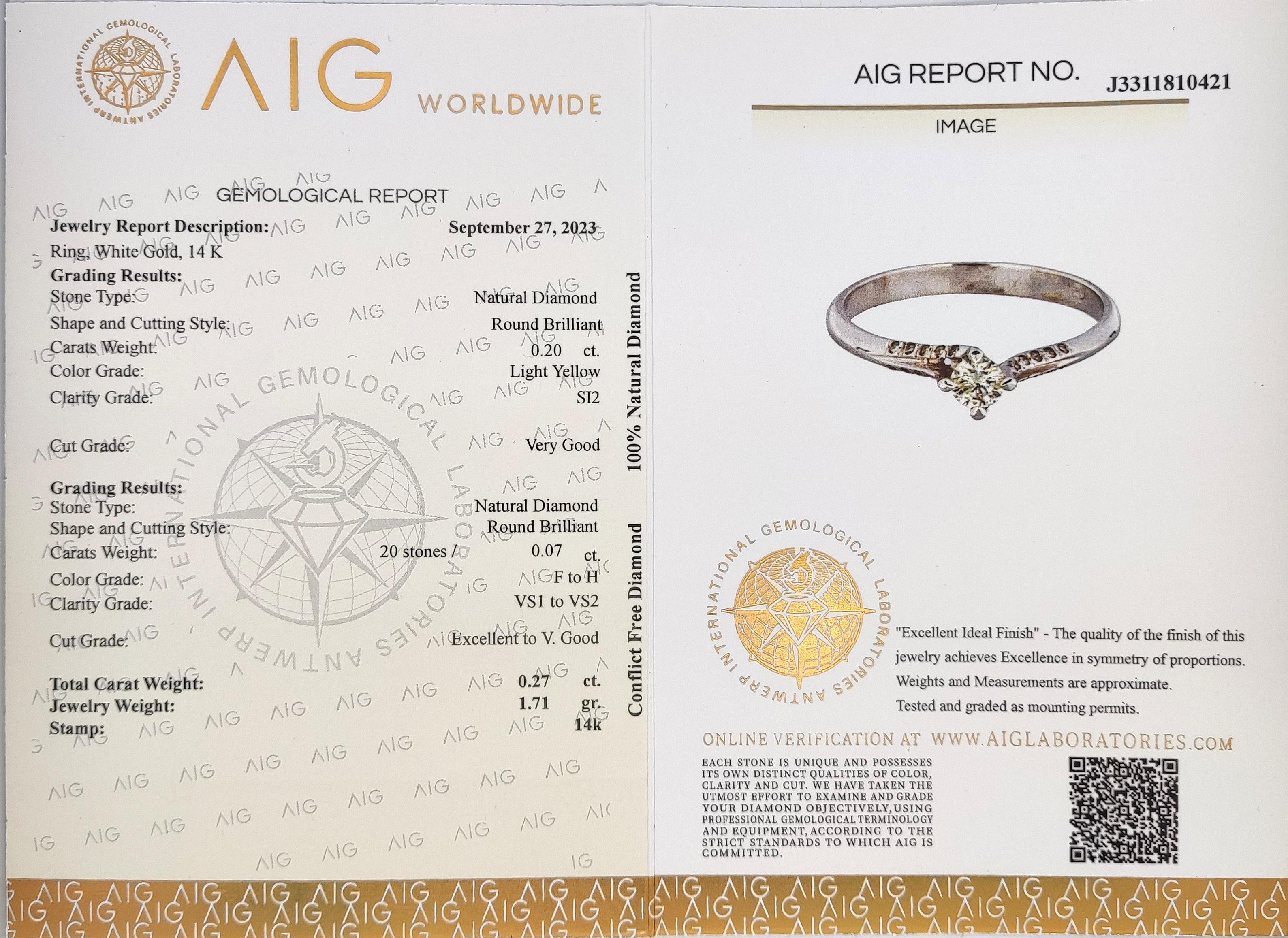 Women's NO RESERVE 0.20CT Light Yellow and 0.07 White Diamond 14K White Gold Ring For Sale
