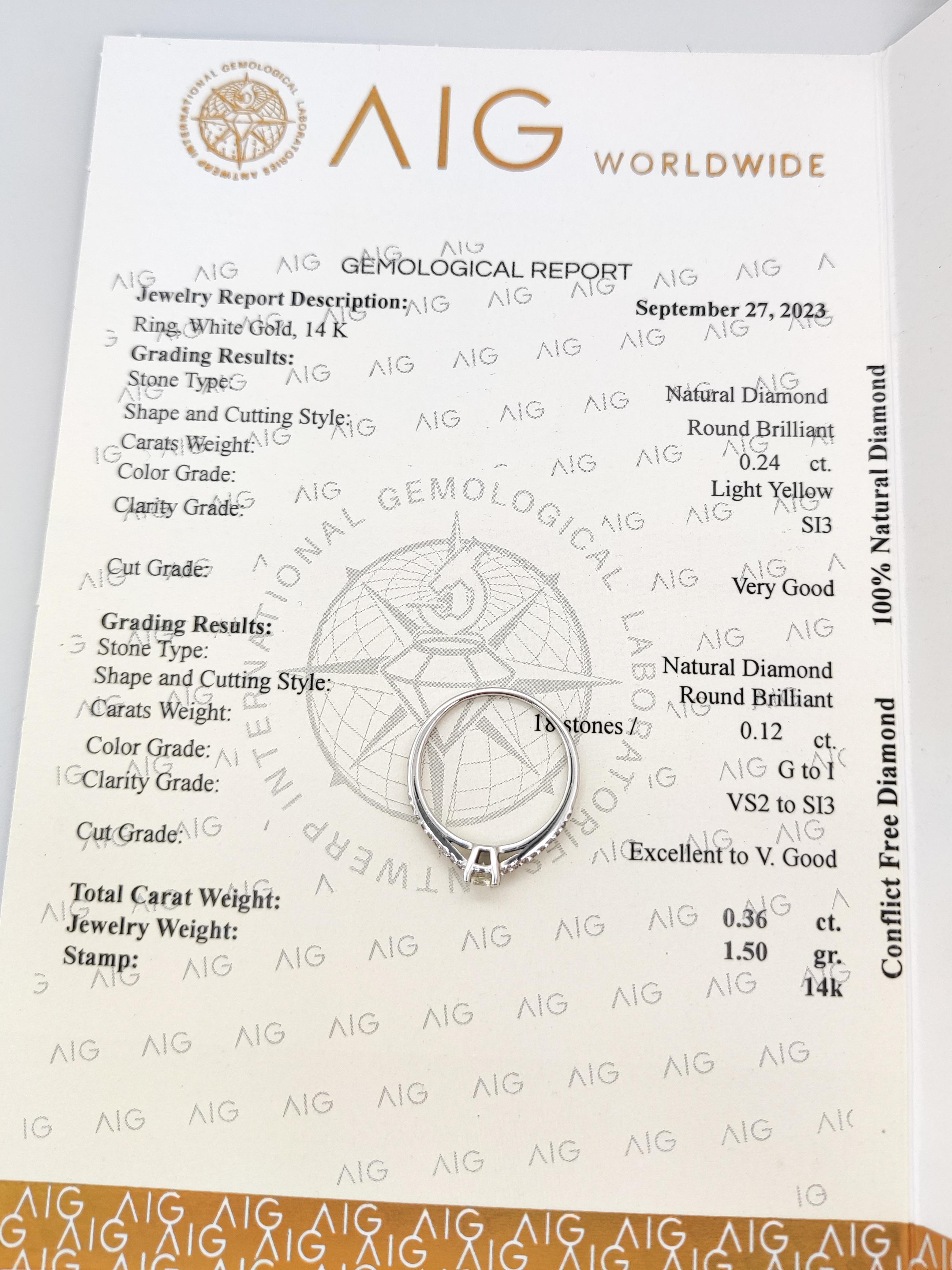 Women's NO RESERVE 0.36CTW Light Yellow and White Diamond 14K White Gold Engagement Ring For Sale