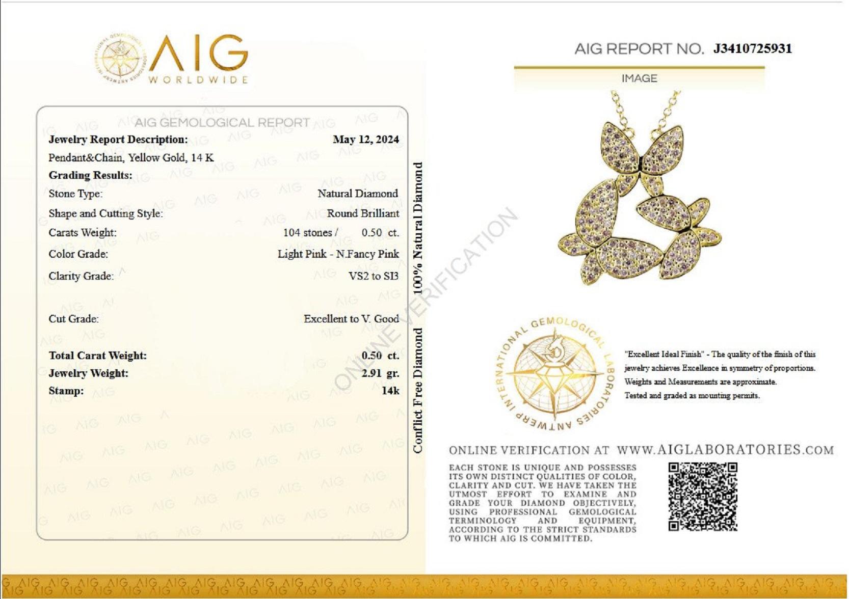 NO RESERVE! 0.50 Ct Fancy Pink Diamond 14 kt. Yellow Gold Pendant Necklace In New Condition For Sale In Ramat Gan, IL