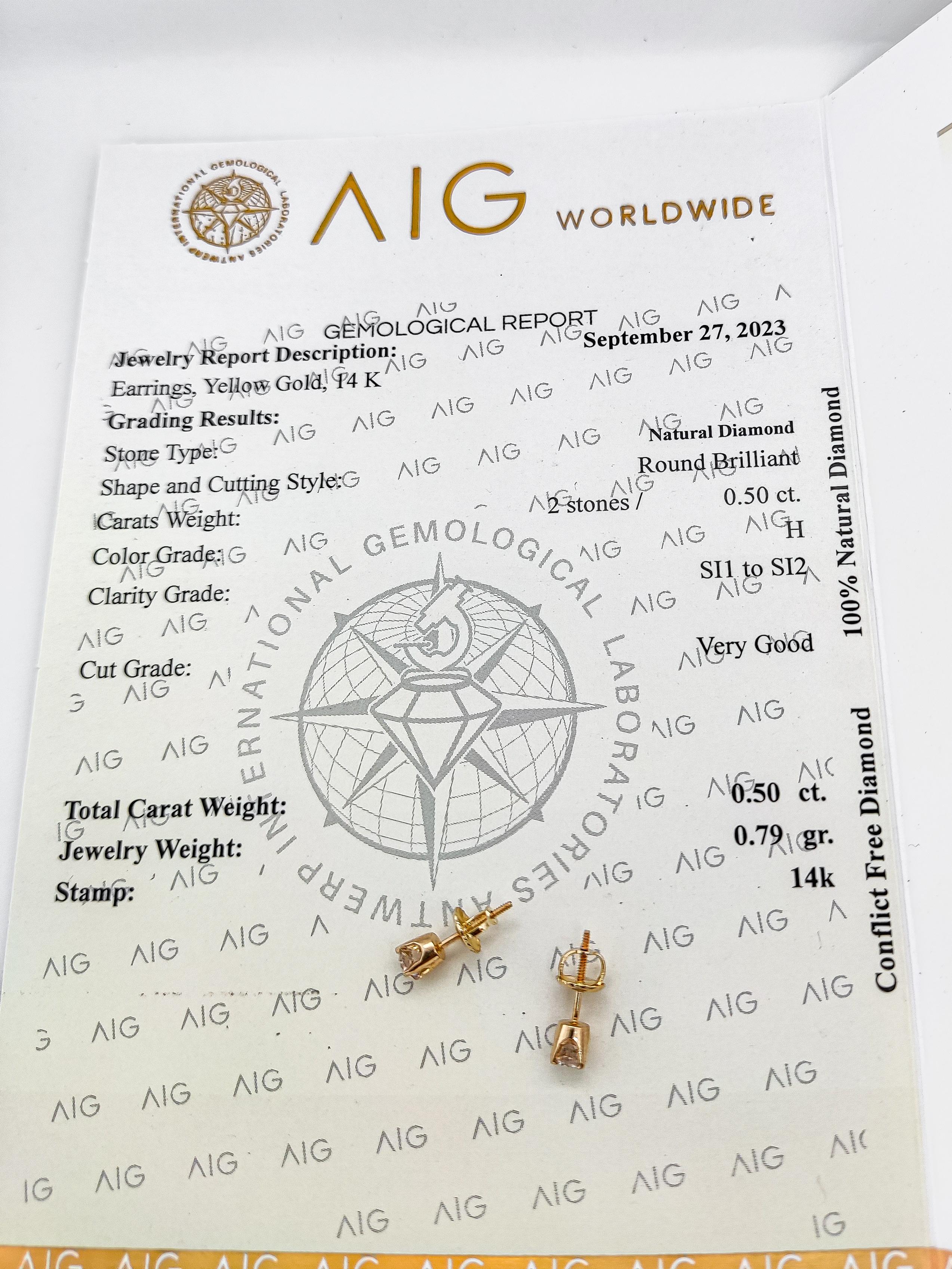NO RESERVE 0.50ct Diamond Solitaire Stud Earring 14k Yellow Gold  In New Condition In Ramat Gan, IL