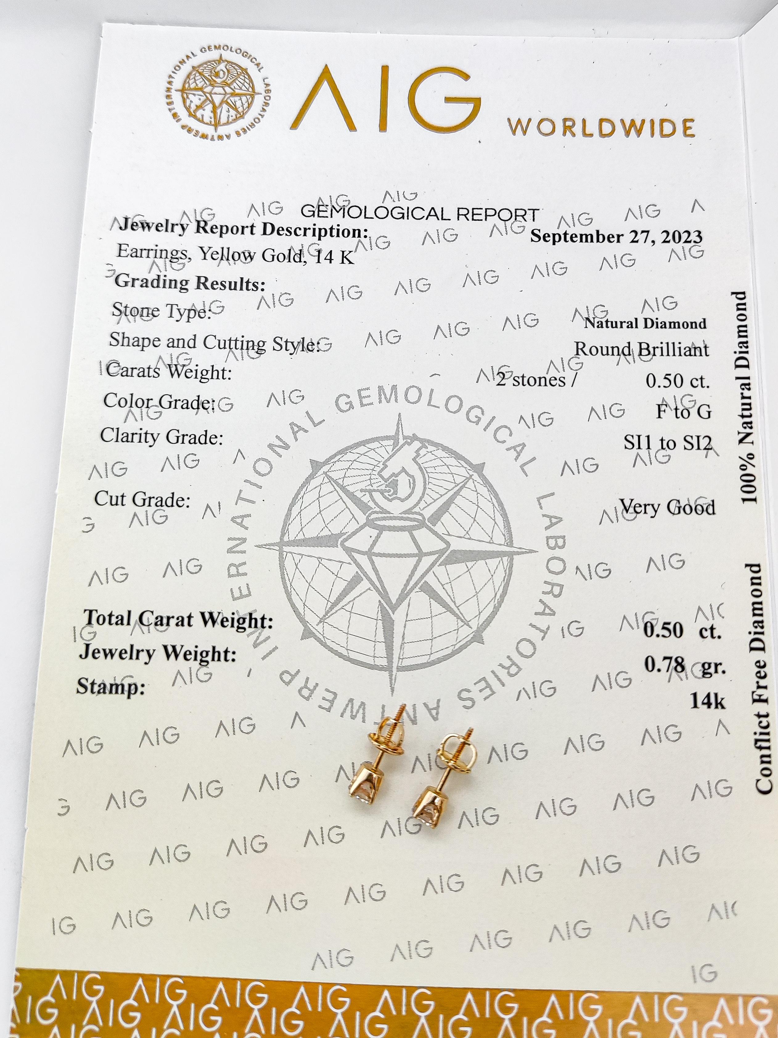 NO RESERVE 0.50ct Diamond Solitaire Stud Earring 14k Yellow Gold  In New Condition For Sale In Ramat Gan, IL