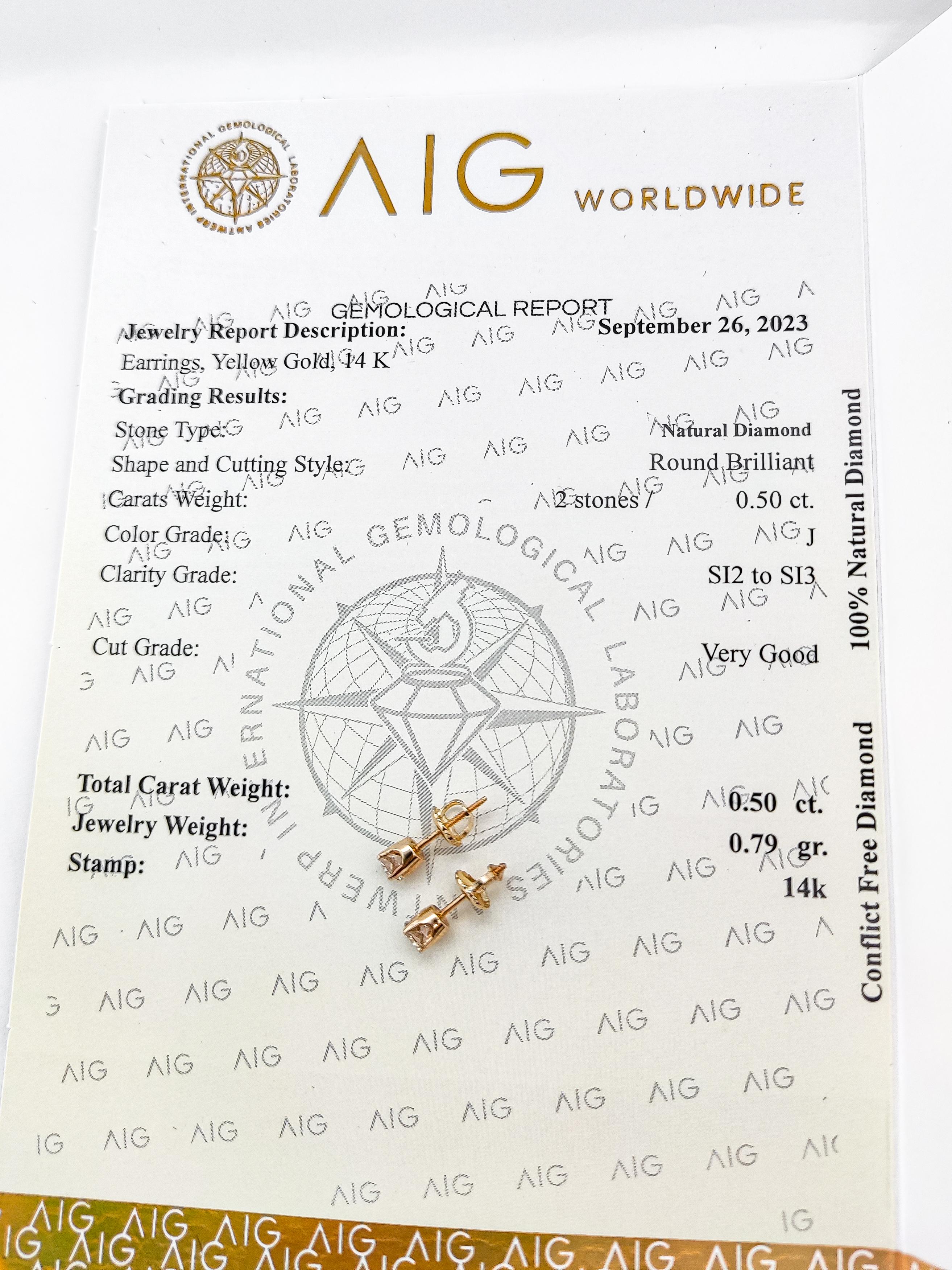 NO RESERVE 0.50ct Round Diamond Solitaire Stud Earring 14K Yellow Gold  In New Condition For Sale In Ramat Gan, IL