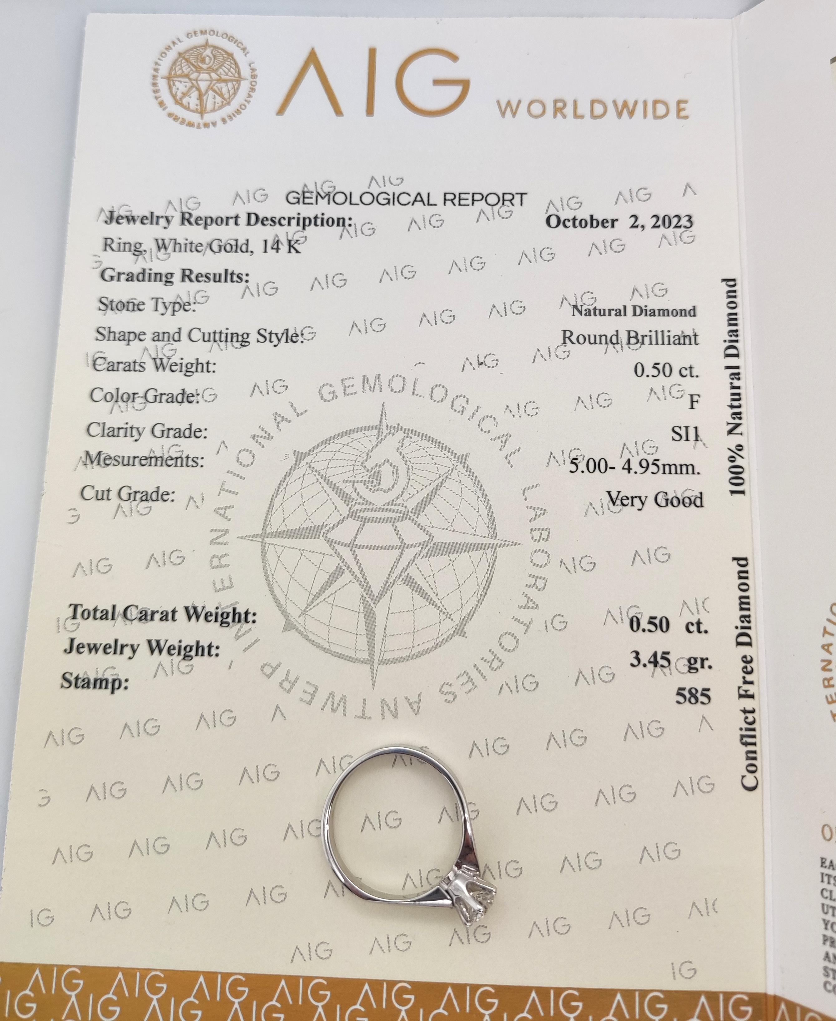 NO RESERVE 0.50CT Solitaire Engagement Diamond Ring 14K White Gold In New Condition For Sale In Ramat Gan, IL
