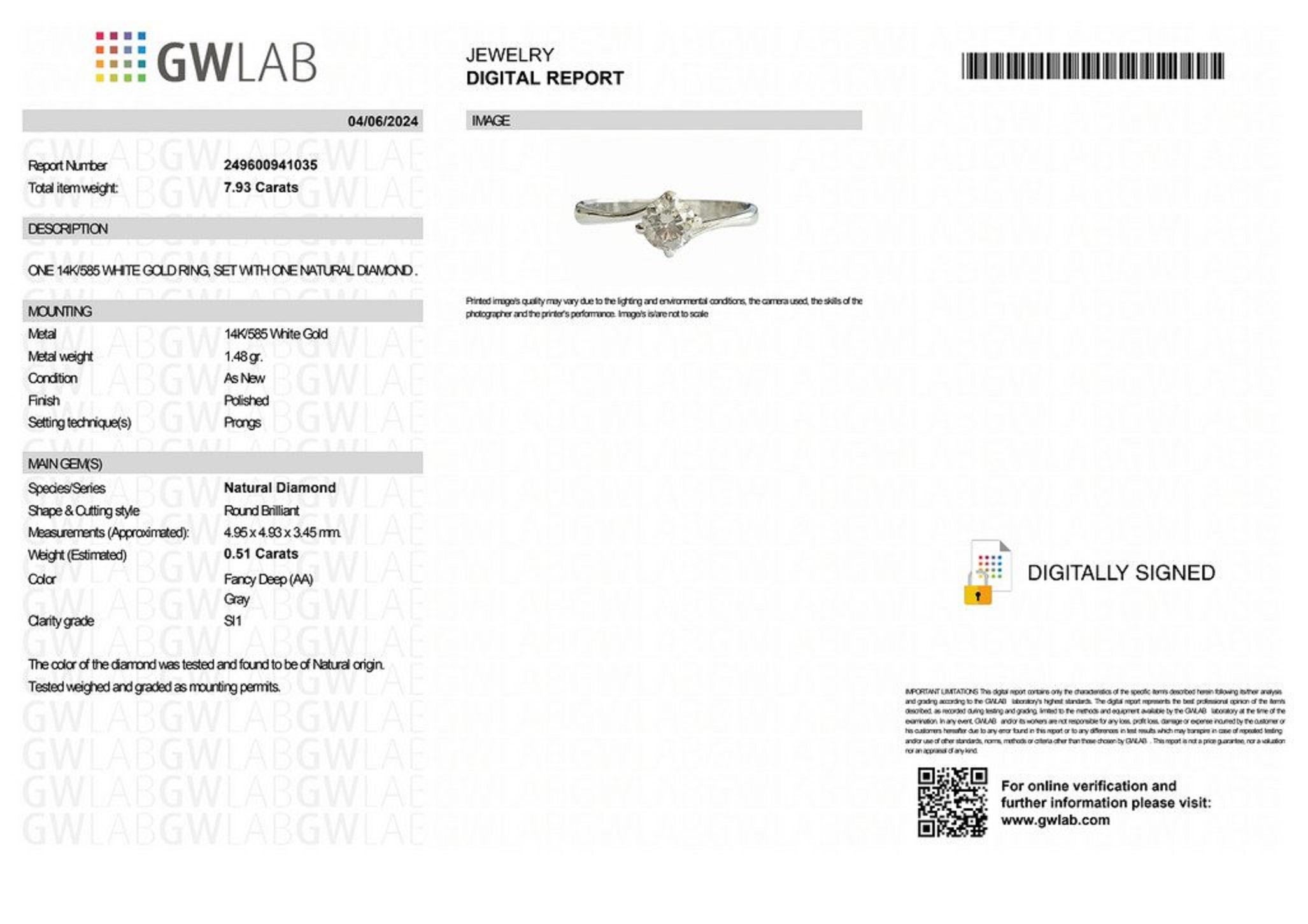NO RESERVE! 0.51 Fancy Grey Diamonds - 14K White Ring In New Condition For Sale In Ramat Gan, IL