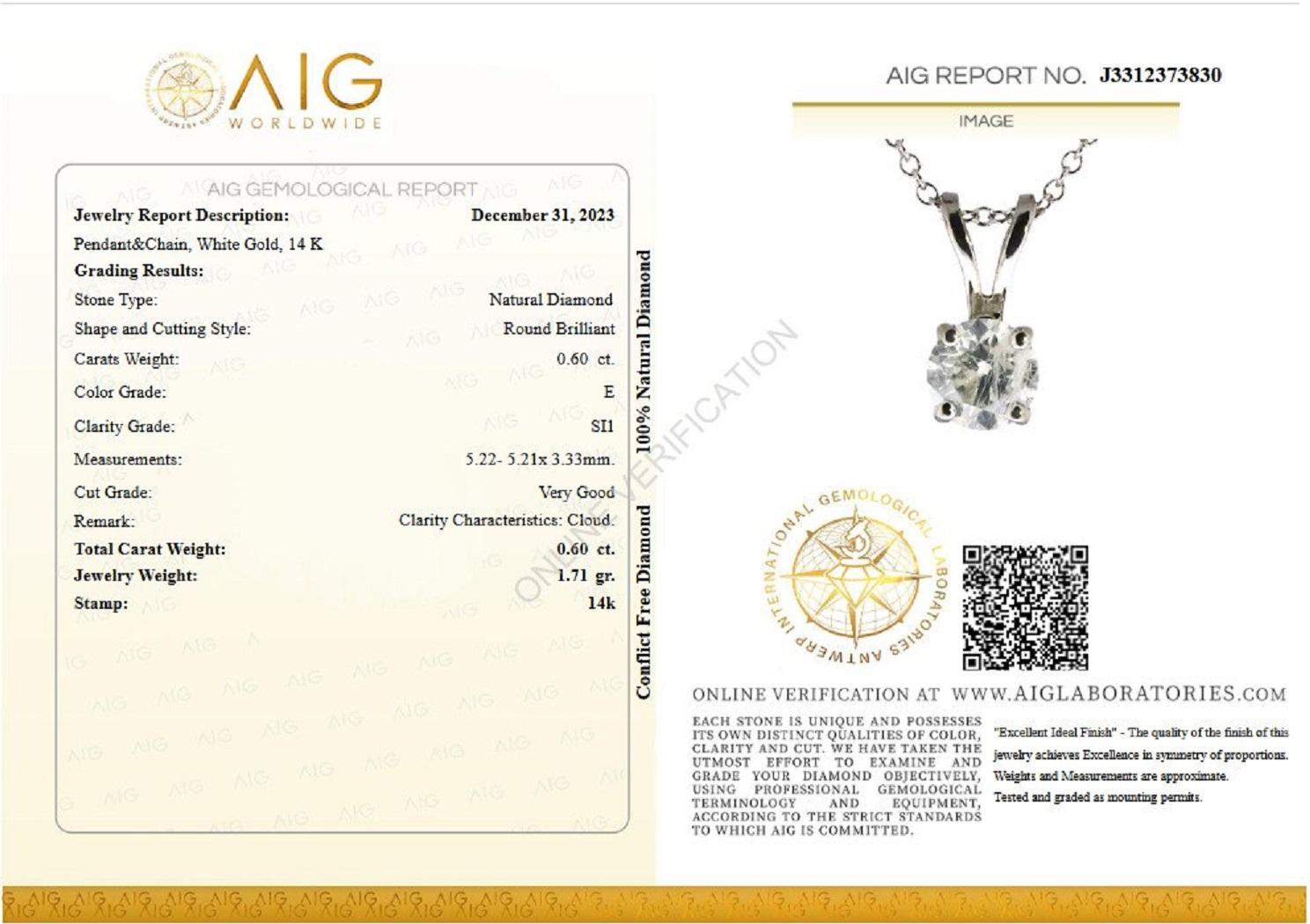 Necklace Length: 41 cm

Center Stone:
___________
Natural Diamond
Cut: Round Brilliant
Carat: 0.60 carat
Color: E
Clarity: SI1
Clarity Characteristics: Cloud

VAT and TAXES:
Please be aware that your country of residence may impose customs and