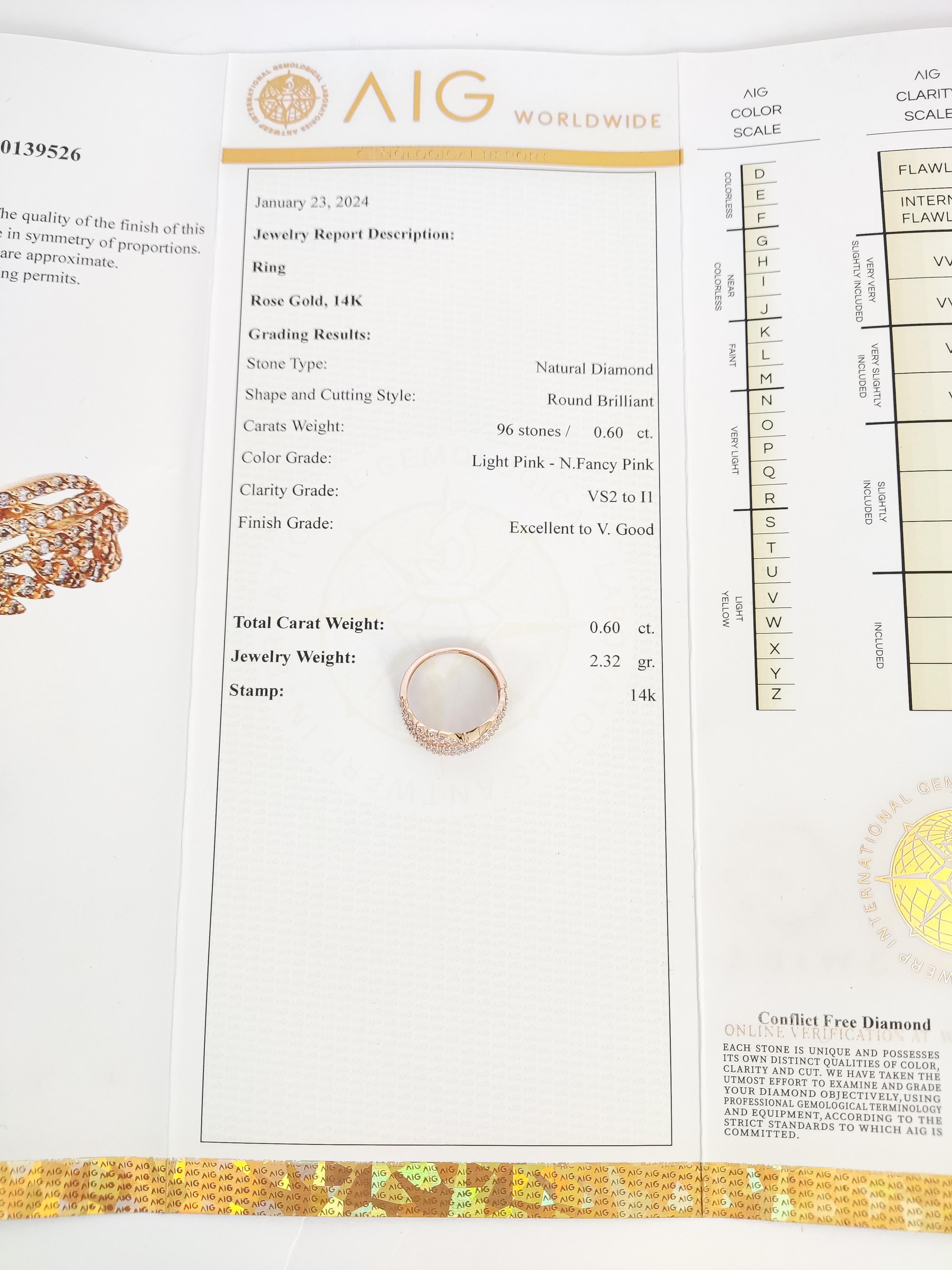 0.60 Carat Round Fancy Pink Diamond Ring 14k Rose Gold For Sale 2