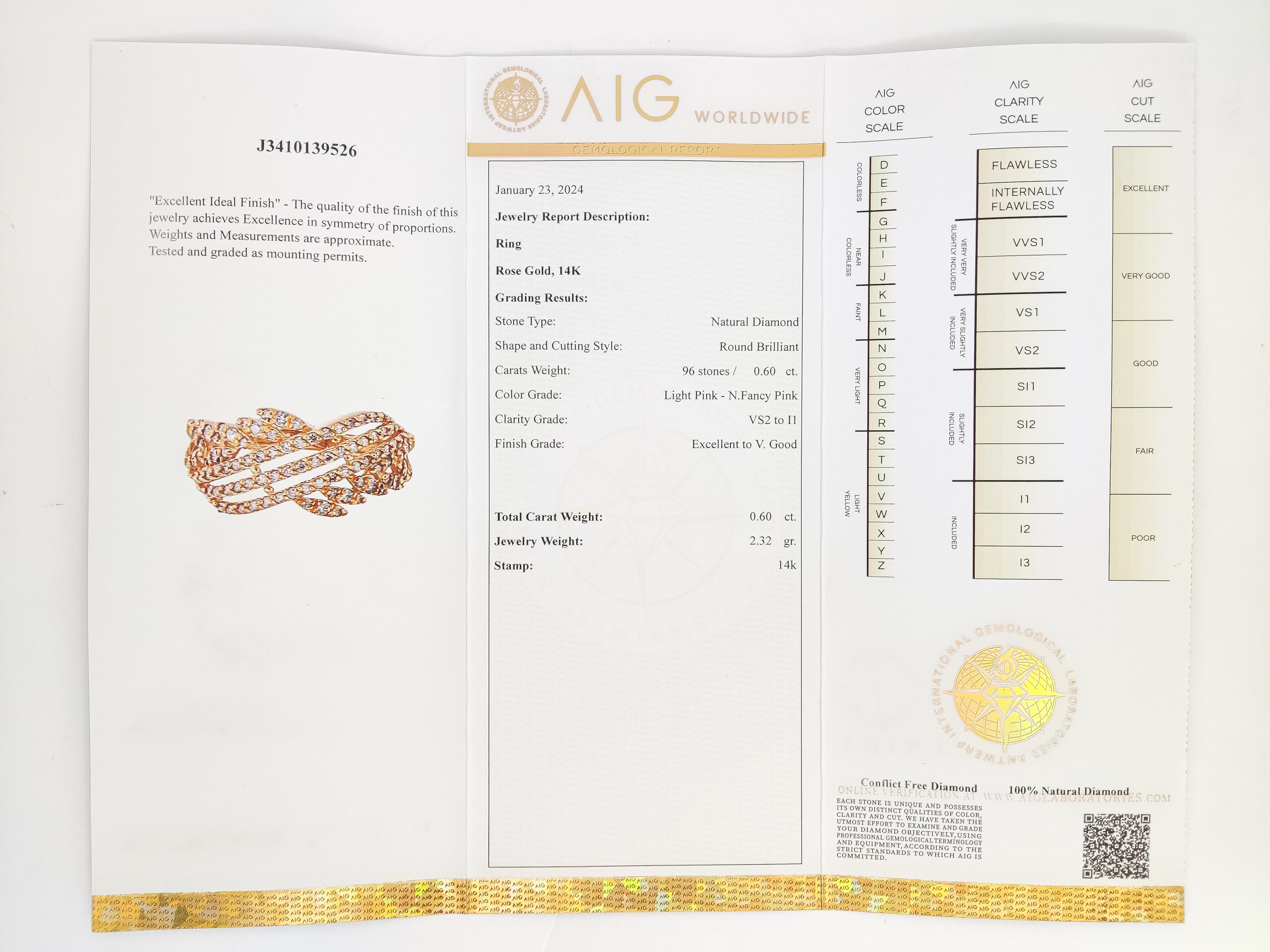 0.60 Carat Round Fancy Pink Diamond Ring 14k Rose Gold For Sale 3