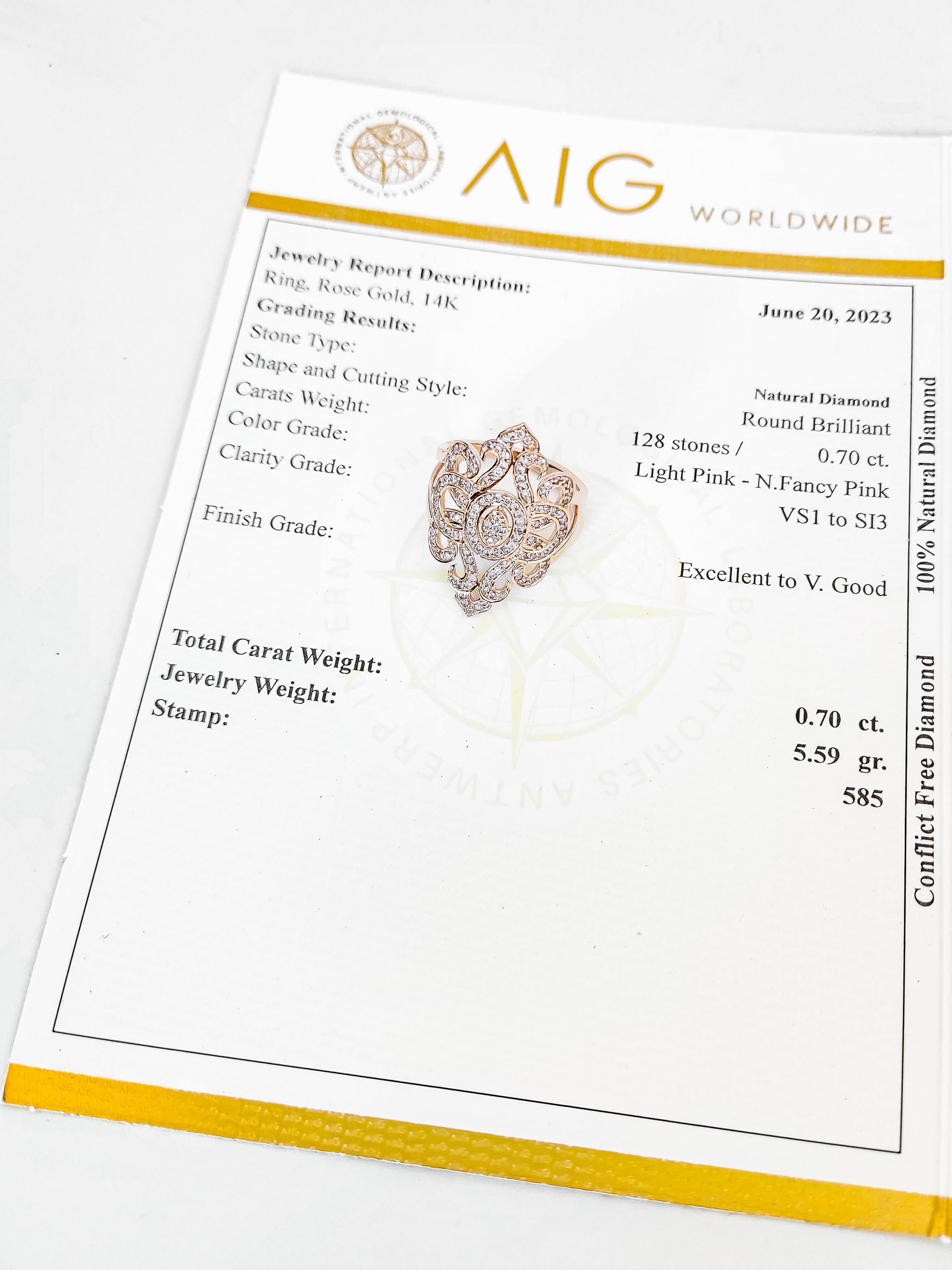 0.70 Carat Round Fancy Pink Diamond Ring 14k Rose Gold For Sale 1