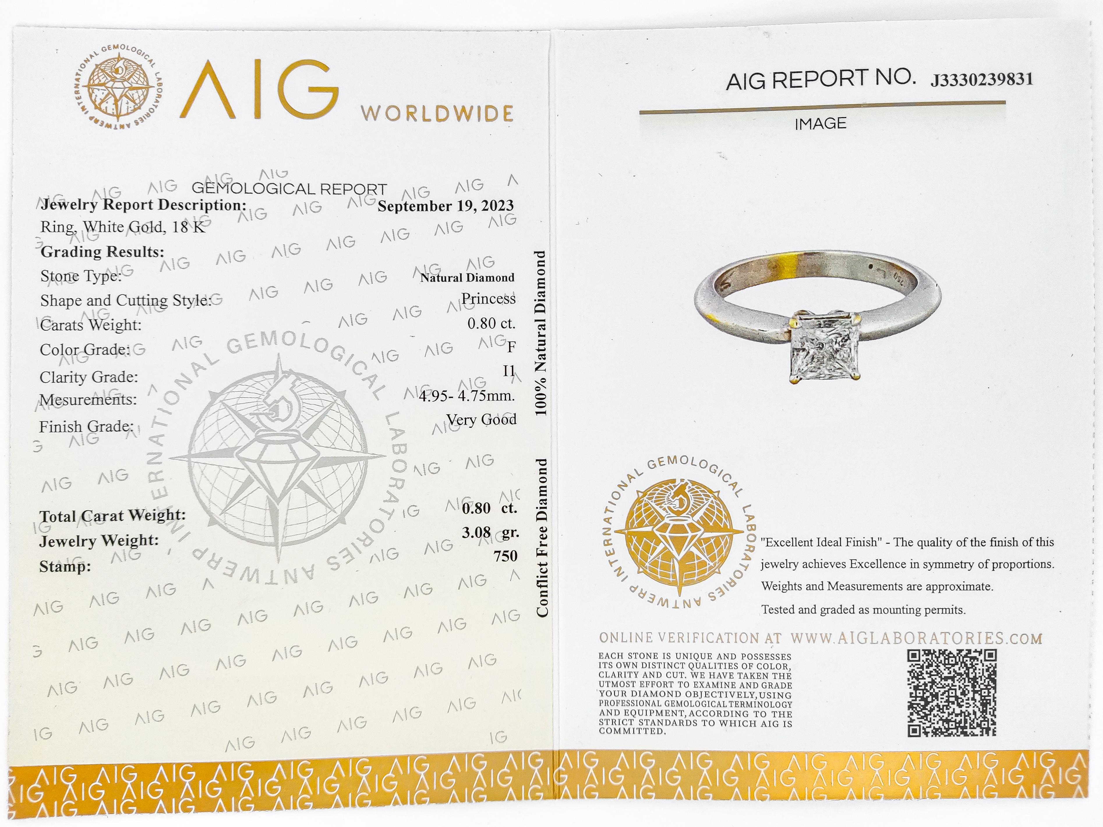 NO RESERVE 0.80CT Solitaire Enegaement Princess DIamond Ring 14K White Gold For Sale 1