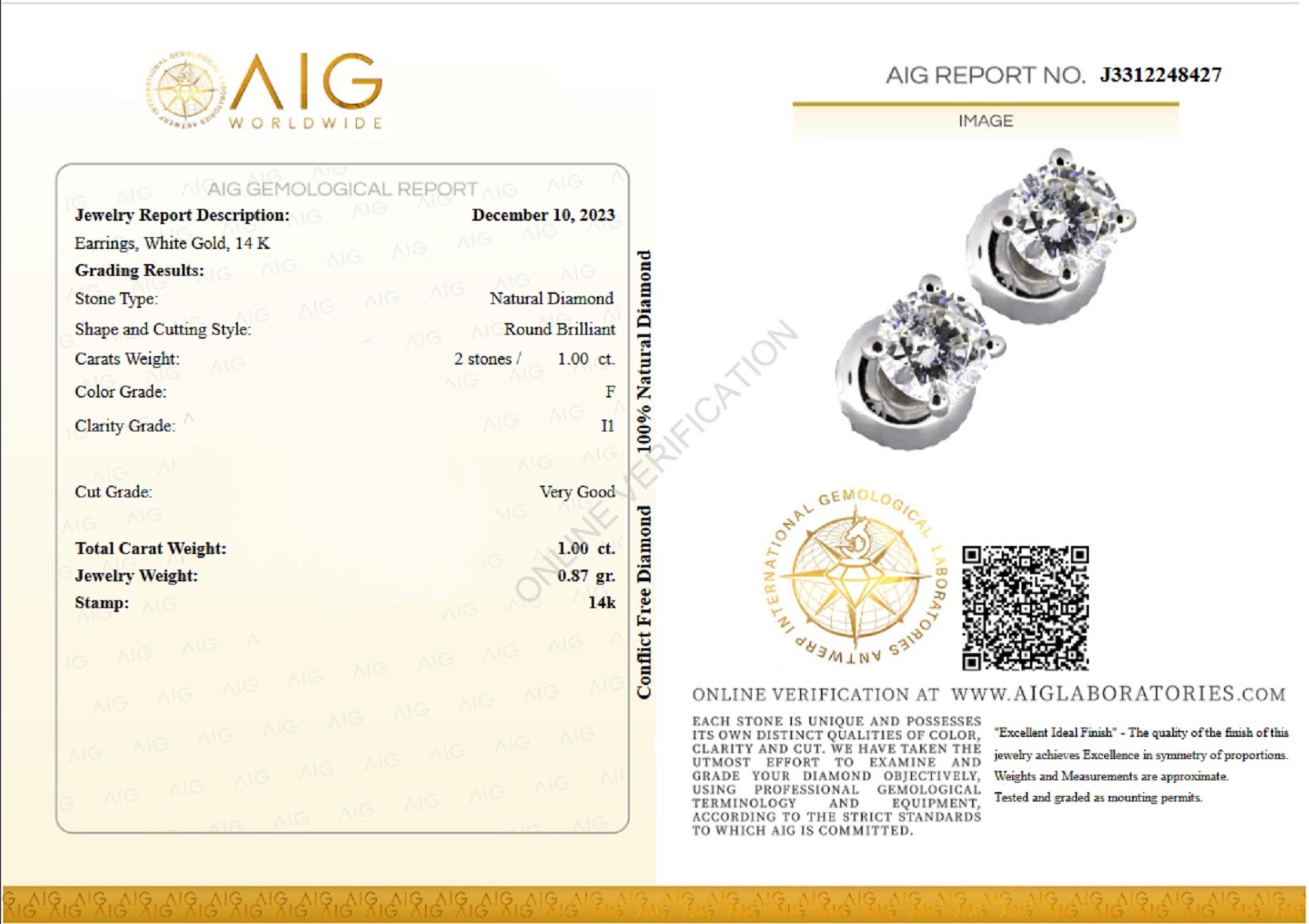 Don't miss your chance to own this unique and exquisite earrings of top quality.

Center Natural Diamonds:
Shape: Round Brilliant
Weight: 1.00 cttw / 2 stone
Color: F
Clarity: I1
Clarity Characteristics: Cloud.

Size: 6.40 mm

VAT and TAXES:

Please