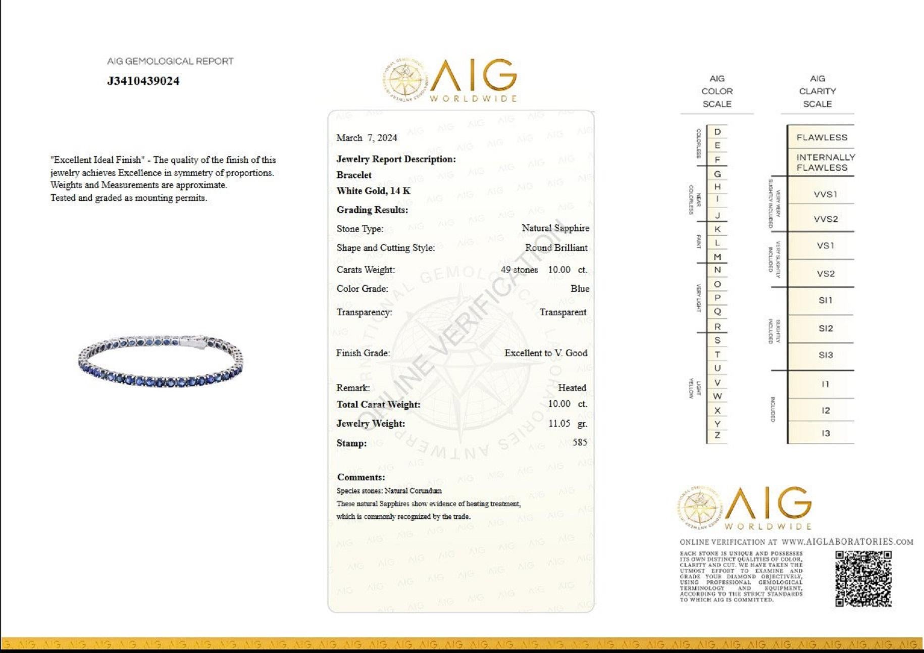 NO RESERVE! 10.00 Carat Sapphire Tennis Riviera - 14 kt. White gold - Bracelet In New Condition For Sale In Ramat Gan, IL
