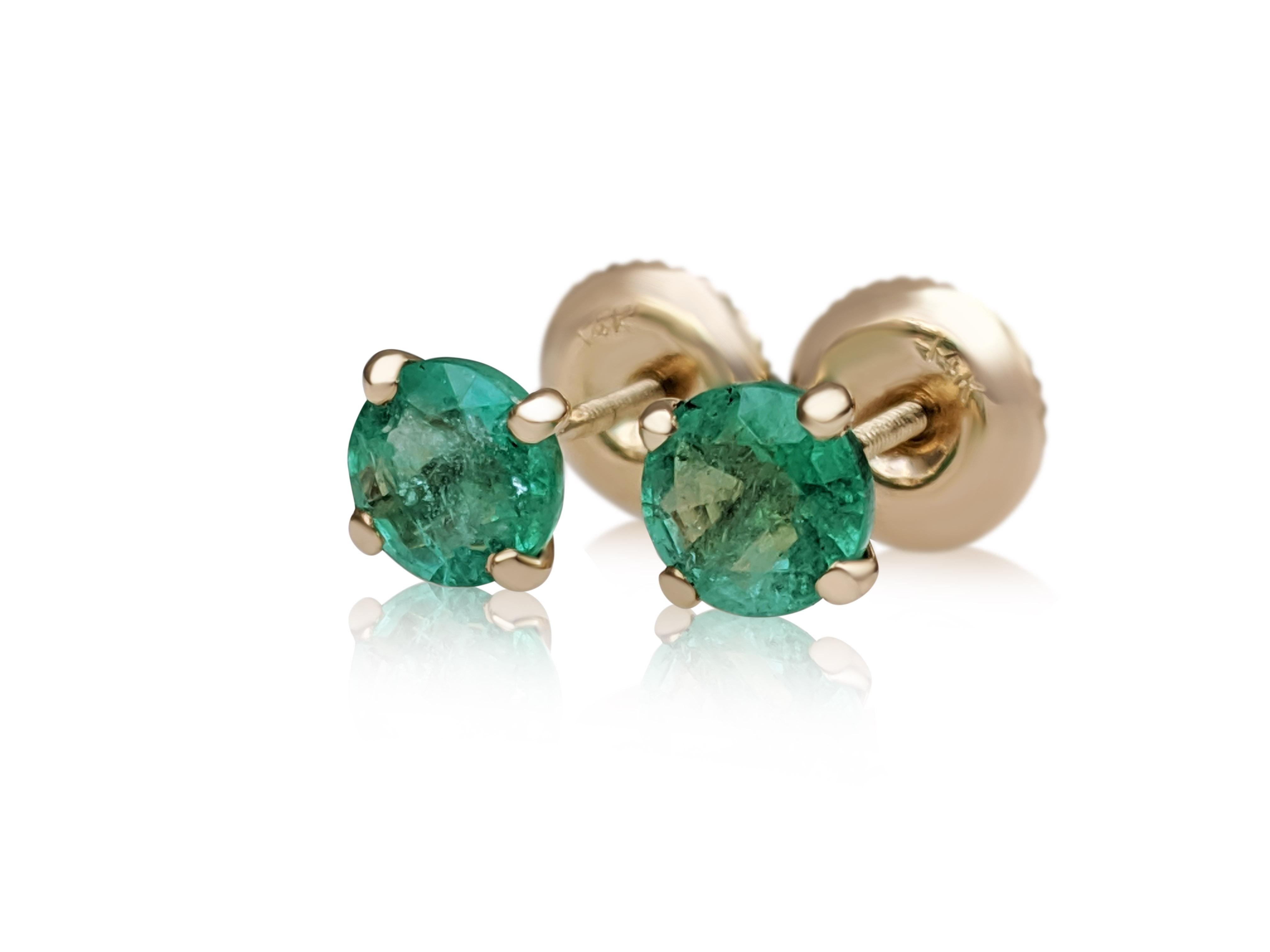 Round Cut $1 NO RESERVE! 1.04 Ct Emerald - 14 kt. Yellow gold - Earrings