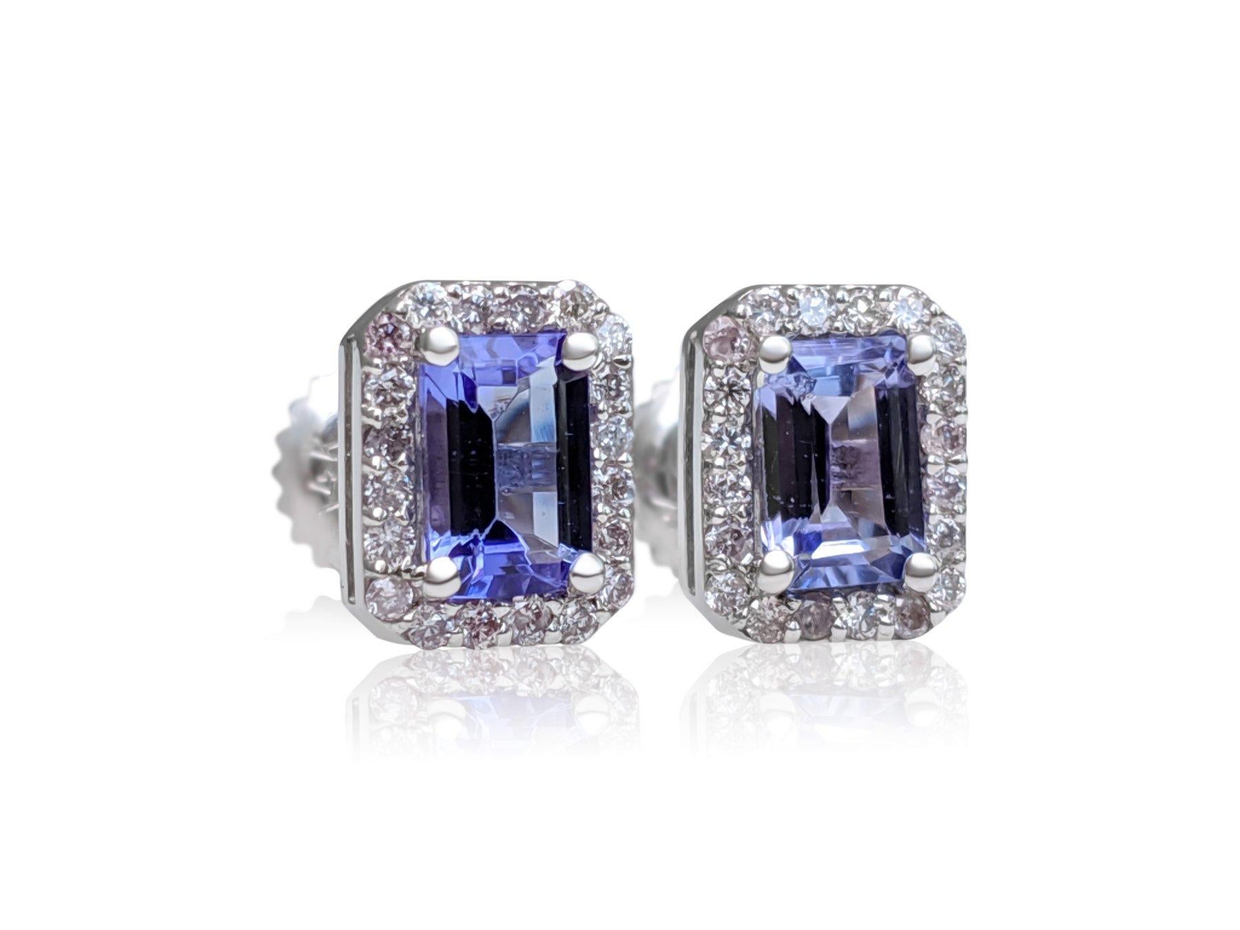 Emerald Cut NO RESERVE! 1.04Ct Tanzanite and 0.20 Ct Diamonds 14 kt. White gold - Earrings For Sale