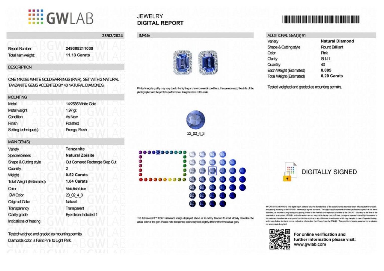Women's NO RESERVE! 1.04Ct Tanzanite & 0.20 Ct Diamonds 14 kt. White gold - Earrings For Sale