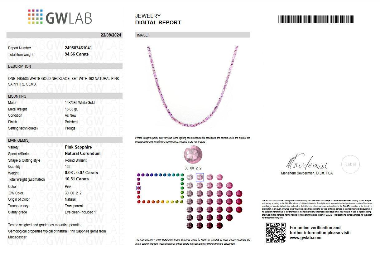 This exquisite bracelet showcases 162 pink sapphire stones, totaling 10.51 carats, meticulously set in 14 kt white gold. Certified by GWLab, this piece radiates with vibrant color, adding a touch of elegance and luxury to any occasion.

Center