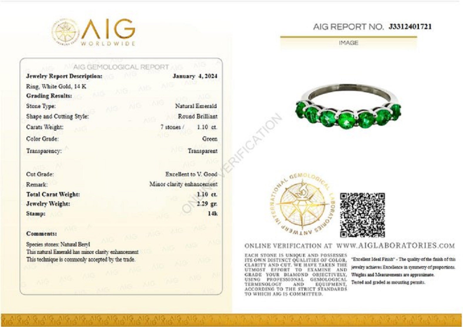 Ring Size: 52 EU
Ring can be sized free of charge prior to shipping out.

Center Natural  Emeralds:
Weight: 1.10 Carat / 7 pieces
Color: Green
Shape: Round Brilliant
Minor Clarity Enhancement

Item ships from Israeli Diamonds Exchange, customers are